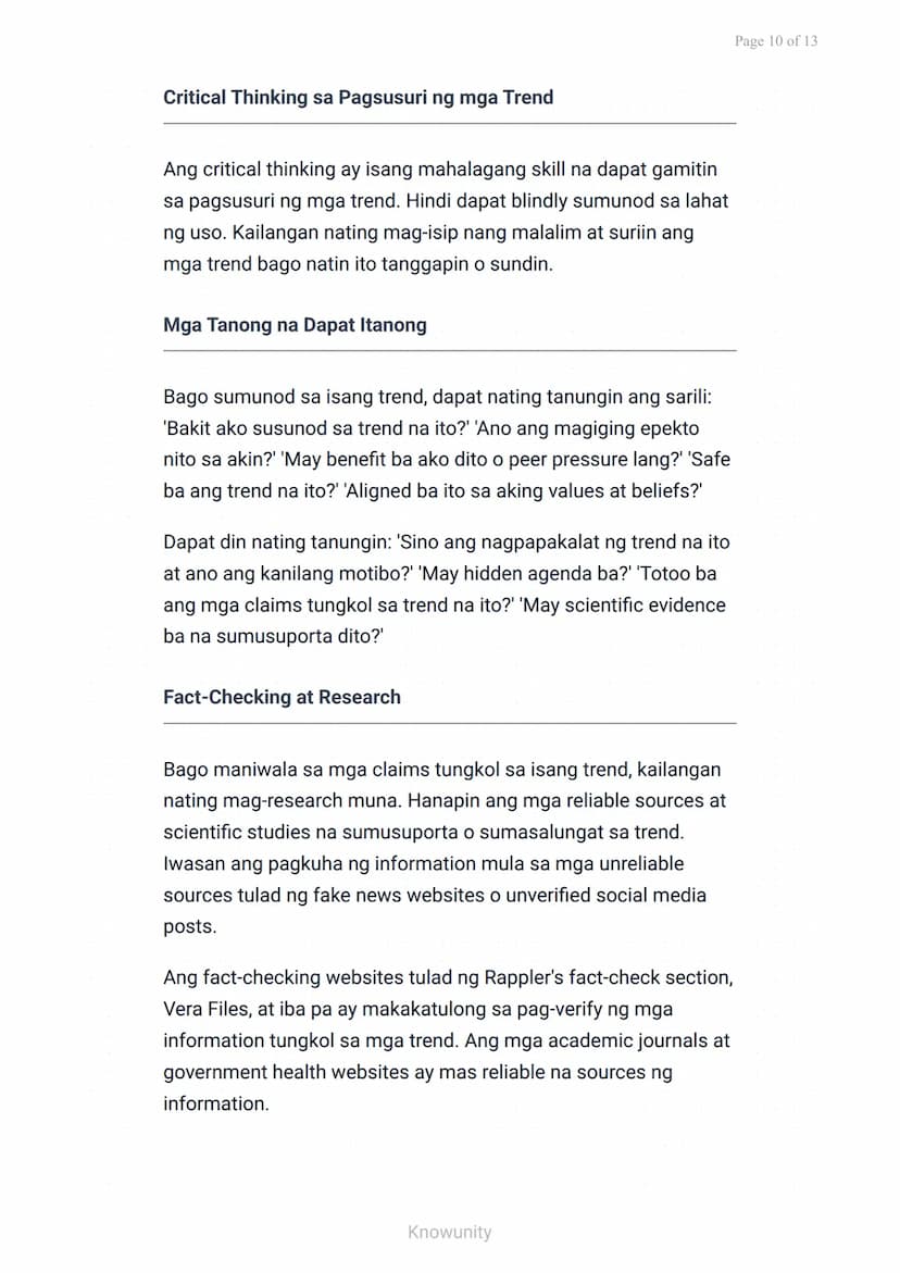 --- OCR Start ---
Pagkilala at Pagsusuri ng mga Trend sa Makabagong Panahon
Pagsusuri ng positibo at negatibong epekto ng
mga trend sa kabat