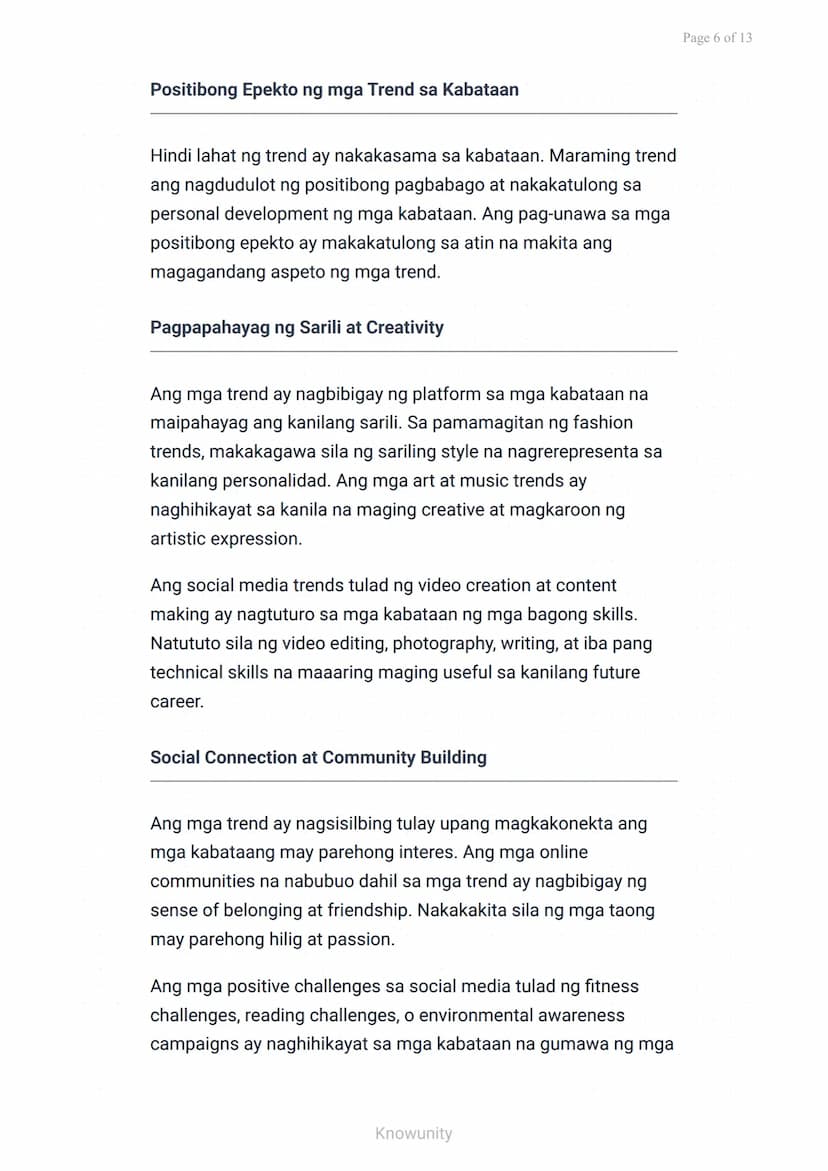 --- OCR Start ---
Pagkilala at Pagsusuri ng mga Trend sa Makabagong Panahon
Pagsusuri ng positibo at negatibong epekto ng
mga trend sa kabat