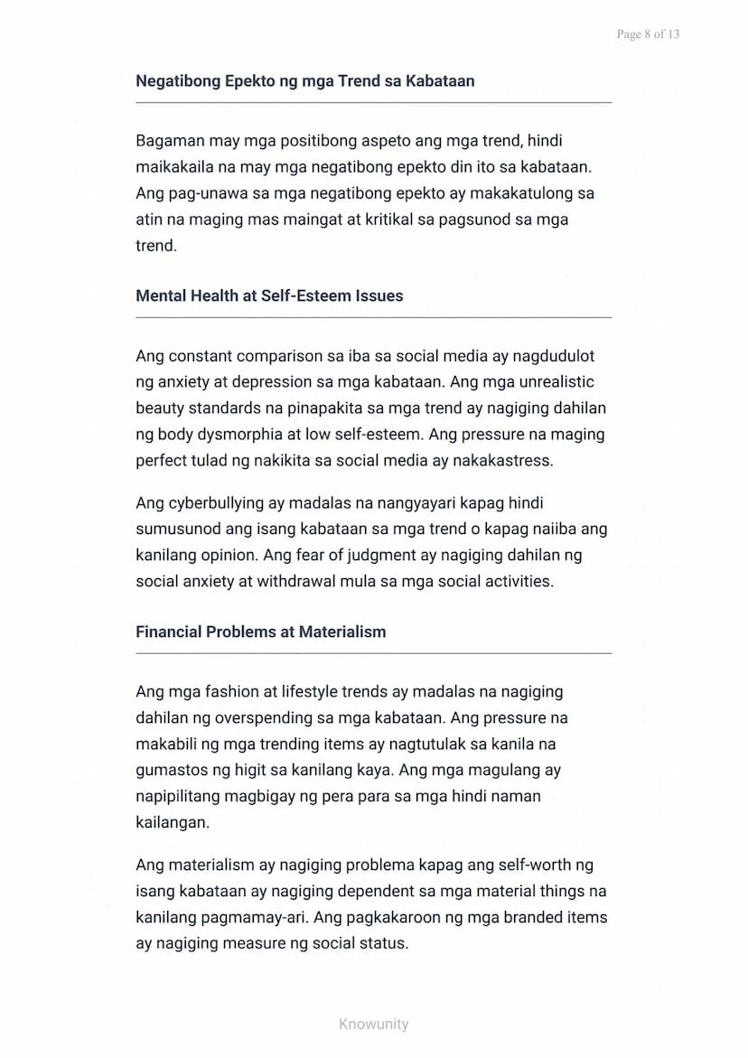 --- OCR Start ---
Pagkilala at Pagsusuri ng mga Trend sa Makabagong Panahon
Pagsusuri ng positibo at negatibong epekto ng
mga trend sa kabat