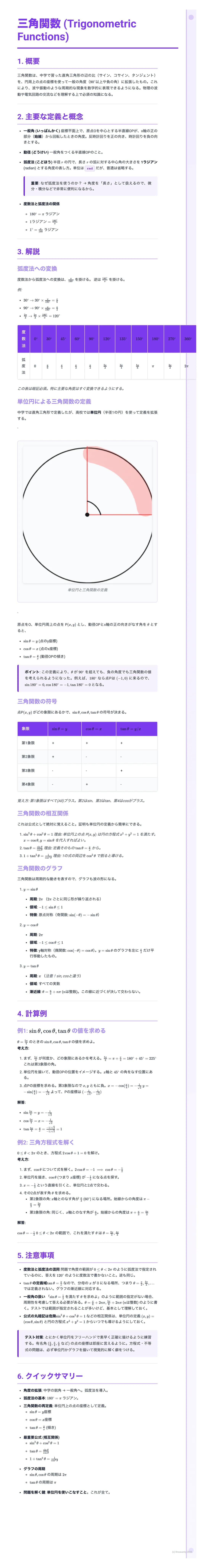 # 三角関数 (Trigonometric Functions)

## 1. 概要

## 2. 重要な定義と概念

## 3. 概説

角度から座標

|      | 0 | $\frac{\pi}{6}$ | $\frac{\pi}{4}$ | $\frac{\pi}{3