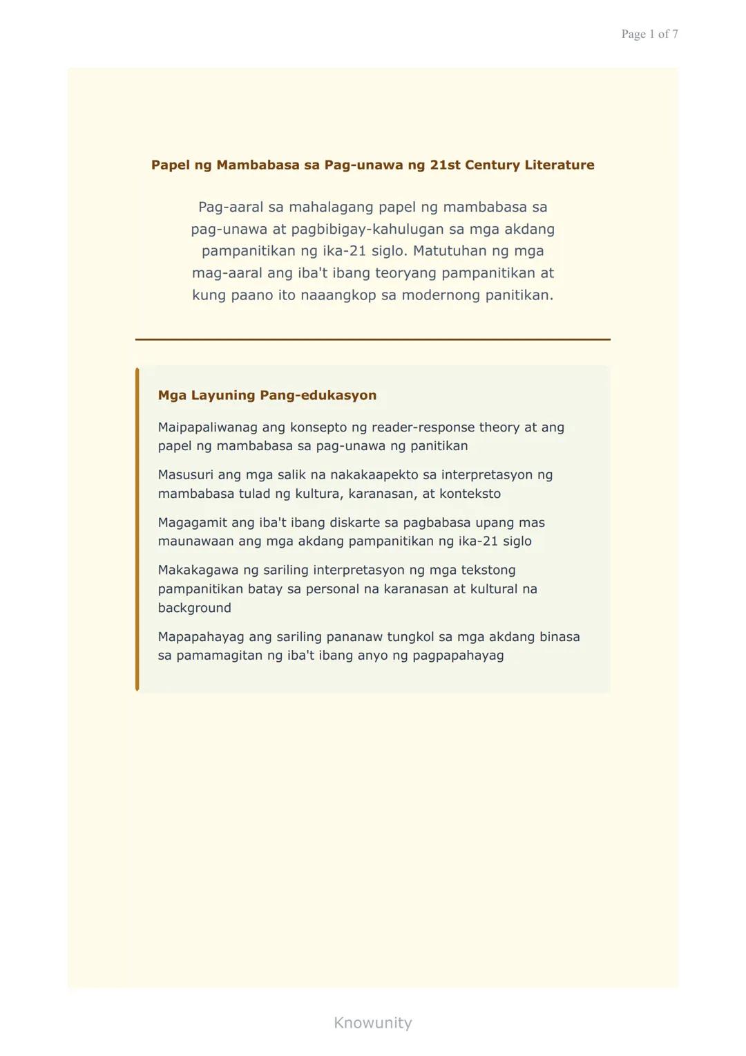 Papel ng Mambabasa sa Pag-unawa ng 21st Century Literature