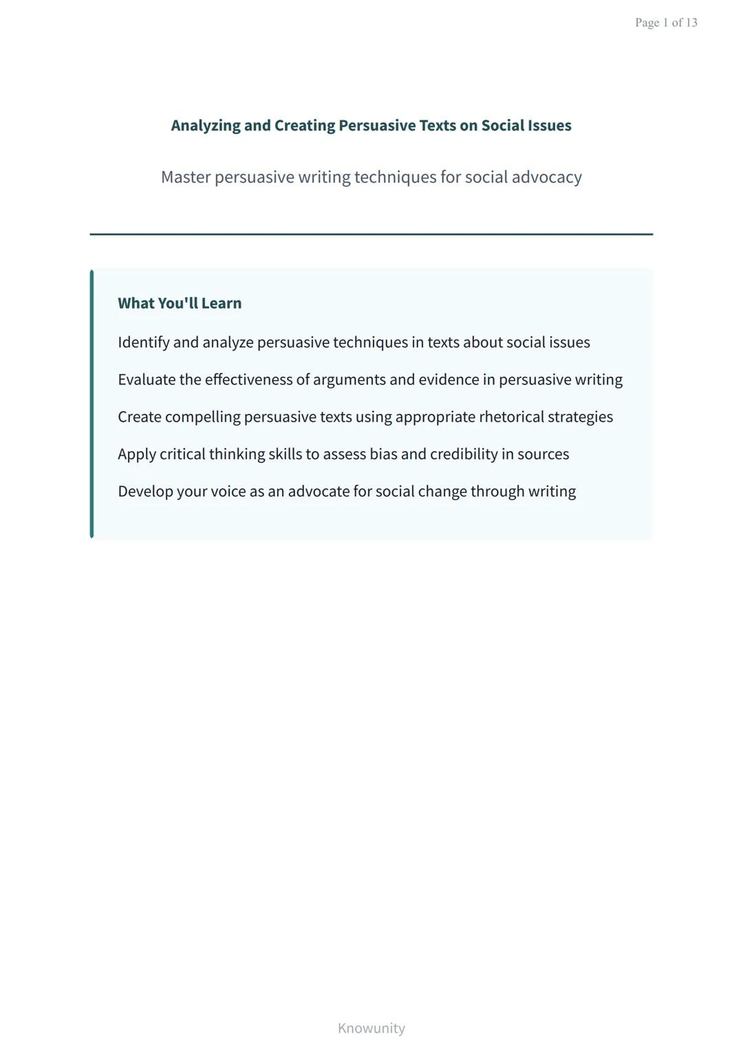 Analyzing and Creating Persuasive Texts on Social Issues
Master persuasive writing techniques for social advocacy
What You'll Learn
Identify