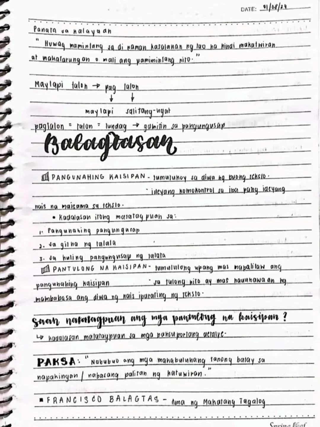 --- OCR Start ---
DATE:
lecture notes in
FILIPINO 8
1st
OTR
Spring Seaf
1st Quarter
bayan
NO
DATE: 19/03/13
se ng panitikang idinaanan so
am