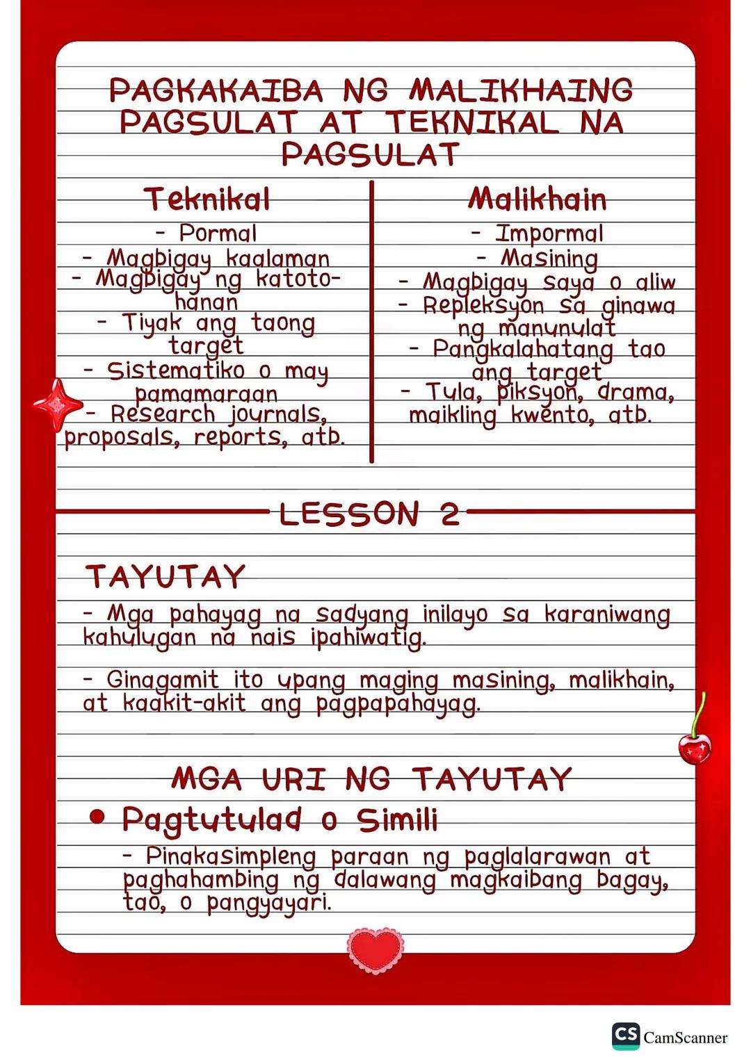 Reigh's
notes
Creative Writing
SMTWTF S
LESSON 1
MALIKHAING PAGSULAT
- Masining na paglalahad ng naiisip o nadarama
at karaniwang binibigyan
