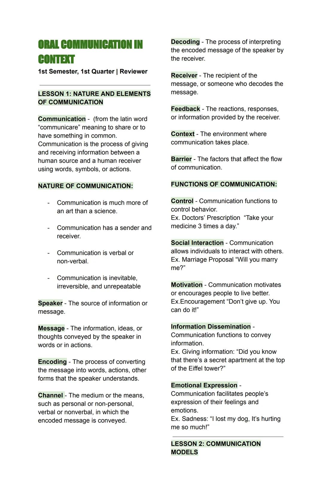 ORAL COMMUNICATION IN
CONTEXT
1st Semester, 1st Quarter | Reviewer
LESSON 1: NATURE AND ELEMENTS
OF COMMUNICATION
Communication (from the la