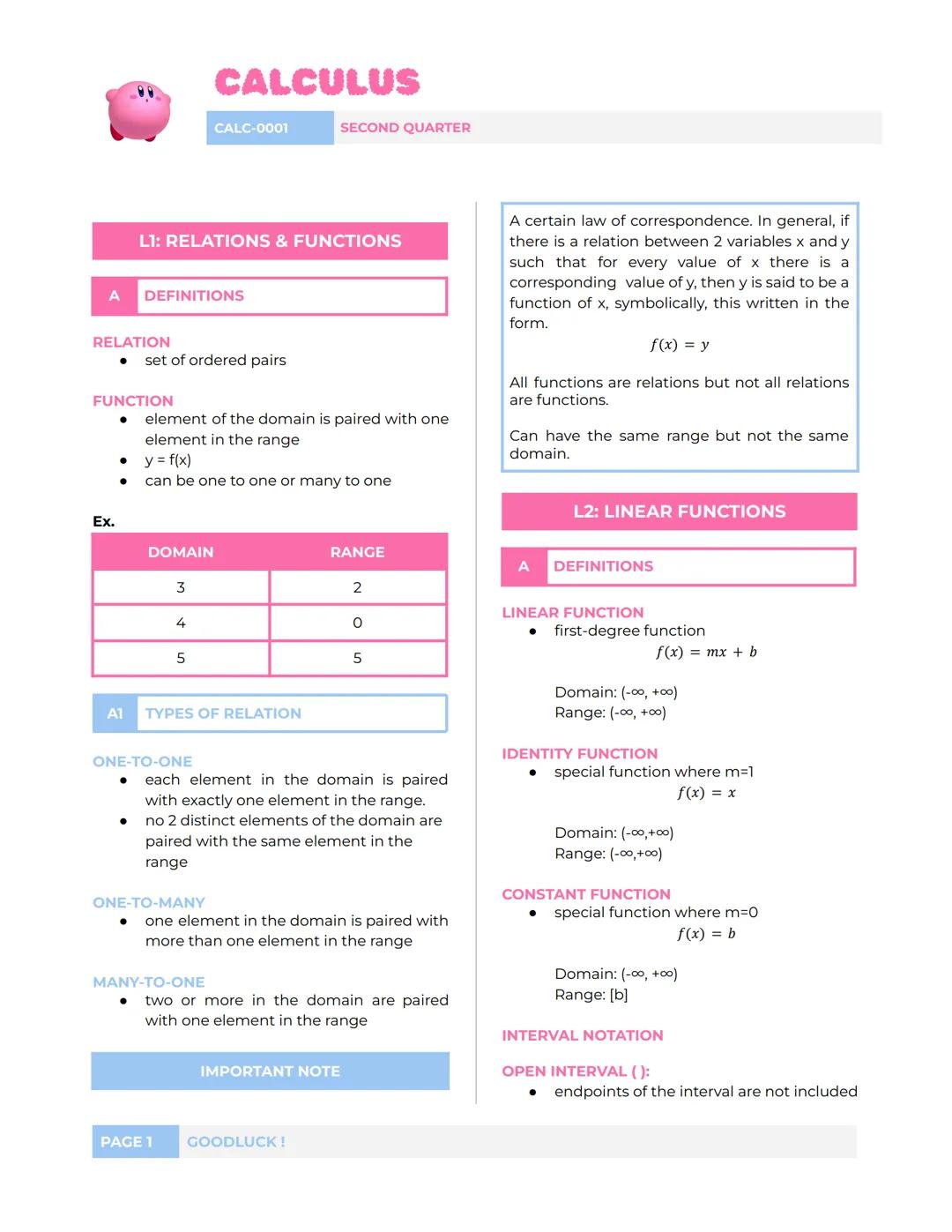 --- OCR Start ---
CALCULUS
CALC-0001
SECOND QUARTER
L1: RELATIONS & FUNCTIONS
A
DEFINITIONS
RELATION
set of ordered pairs
FUNCTION
element o