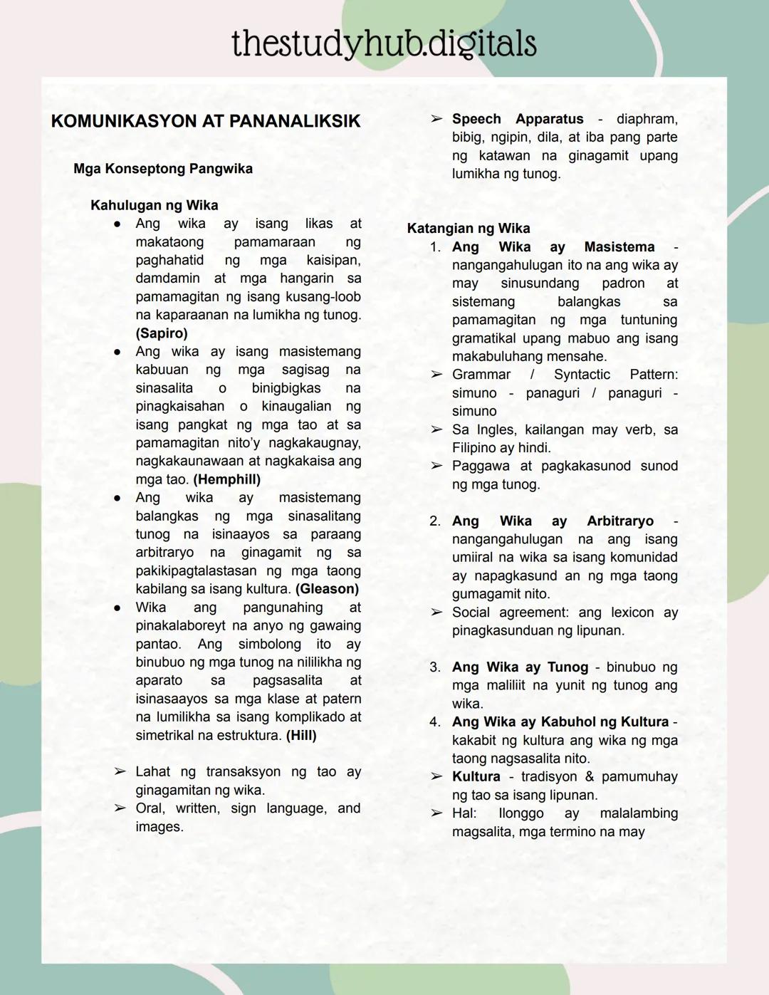 # KOMUNIKASYON AT PANANALKSIK
## Mga Konseptong Pangwika
### Kahulugan ng Wika
* Ang wika ay isang likas at makataong pamamaraan ng pagha