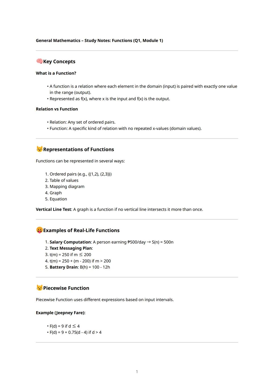 General Mathematics - Study Notes: Functions (Q1, Module 1)
Key Concepts
What is a Function?
• A function is a relation where each element i