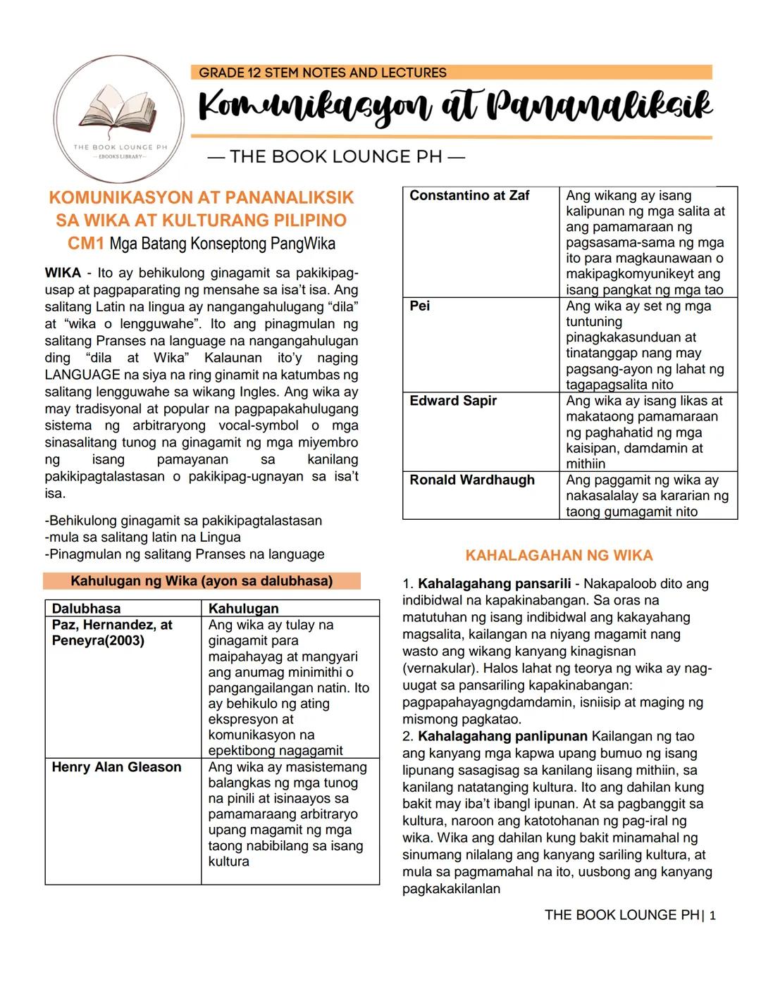 ## GRADE 12 STEM NOTES AND LECTURES
# Komunikasyon at Pananaliksik
โ THE BOOK LOUNGE PH โ
# KOMUNIKASYON AT PANANALIKSIK
SA WIKA AT KULTU