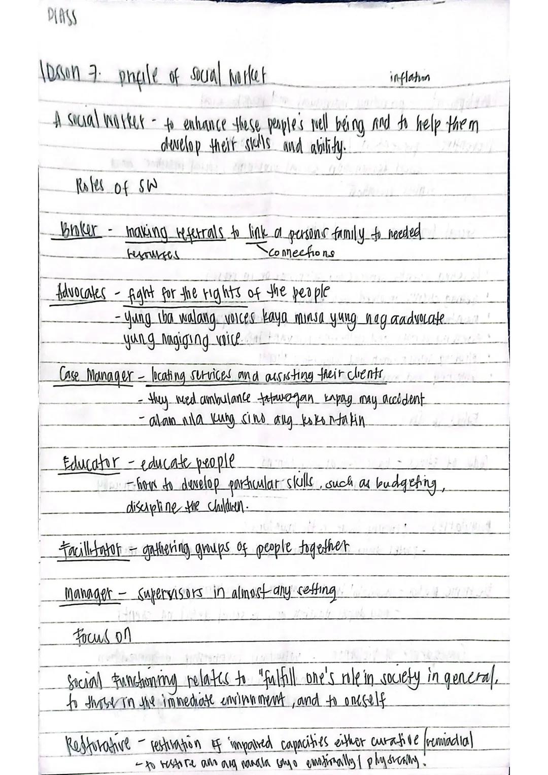 --- OCR Start ---
DIASS
IDsson 7. profile of social worket
inflation
A social worker - to enhance these people's well being and to help them