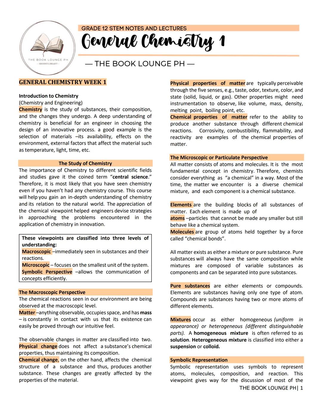 ## GRADE 12 STEM NOTES AND LECTURES
# General Chemistry 1
โ THE BOOK LOUNGE PH โ
## GENERAL CHEMISTRY WEEK 1
### Introduction to Chemist