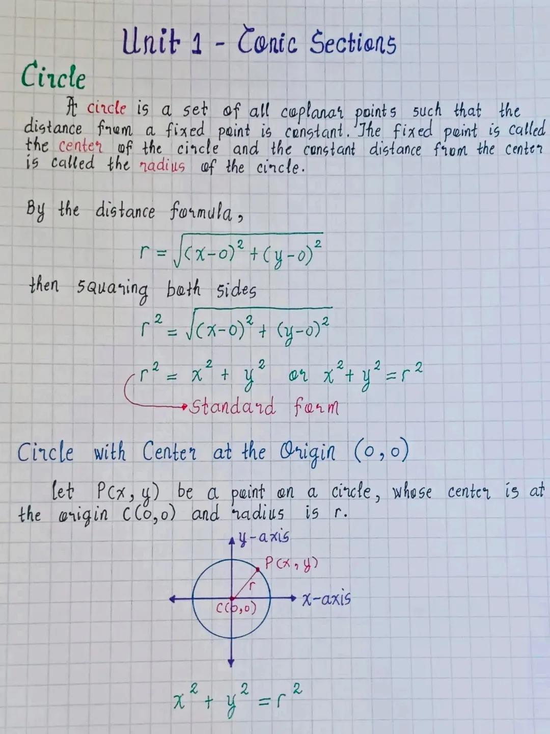 Circle
Unit 1 - Conic Sections
At circle is a set of all coplanar points such that the
distance frem a fixed point is constant. The fixed po