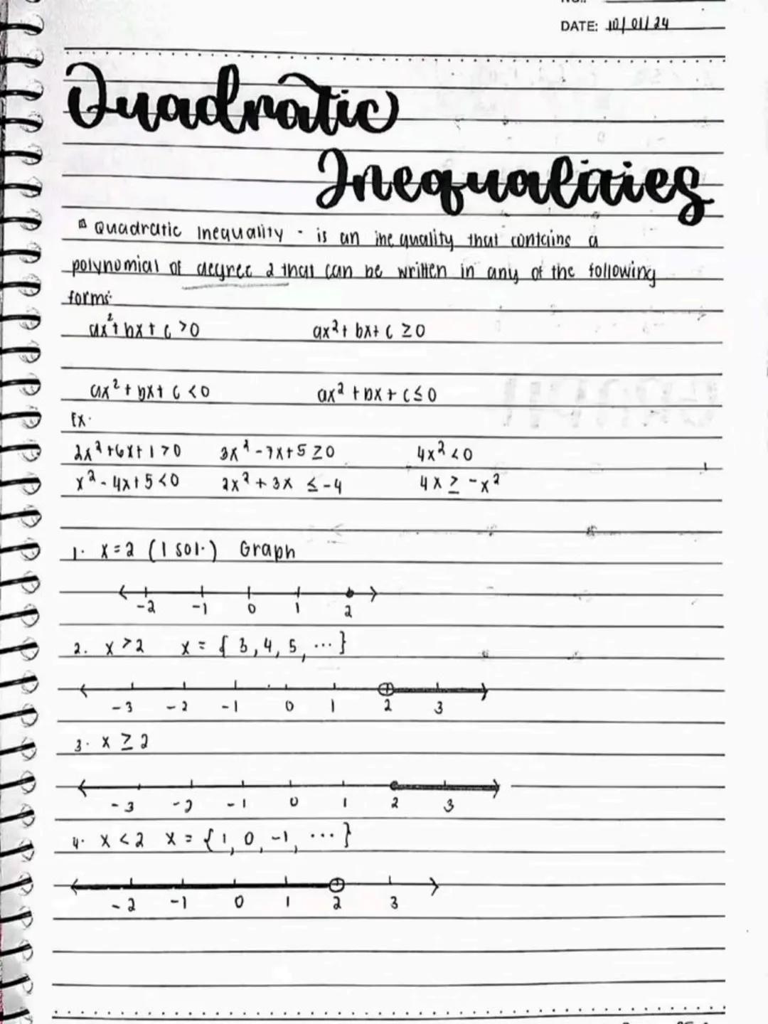 lecture notes in
MATH 9
2nd Quarter
NO.
DATE
2nd
QTR.
2
(2)(2)
clb kurk
Spring Leaf
โ
Spring Leaf # Quadratic Inequalities
- a quadratic in