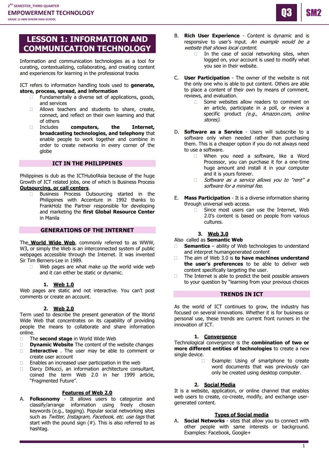 2ND SEMESTER_THIRD QUARTER
EMPOWERMENT TECHNOLOGY
GRADE 12 ABM SENIOR HIGH SCHOOL
03 SM2
LESSON 1: INFORMATION AND
COMMUNICATION TECHNOLOGY