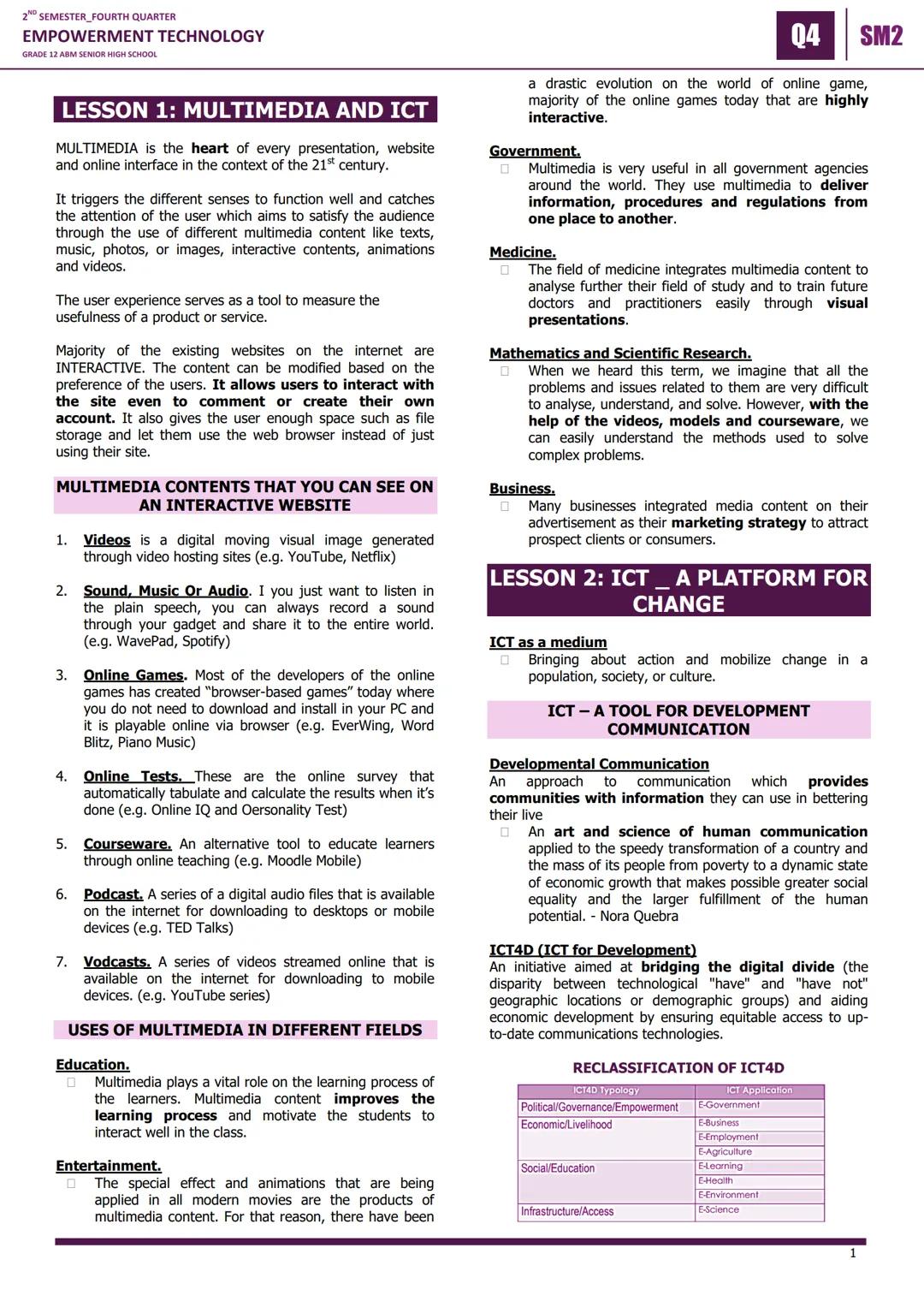 2 SEMESTER_FOURTH QUARTER
EMPOWERMENT TECHNOLOGY
GRADE 12 ABM SENIOR HIGH SCHOOL
LESSON 1: MULTIMEDIA AND ICT
MULTIMEDIA is the heart of eve