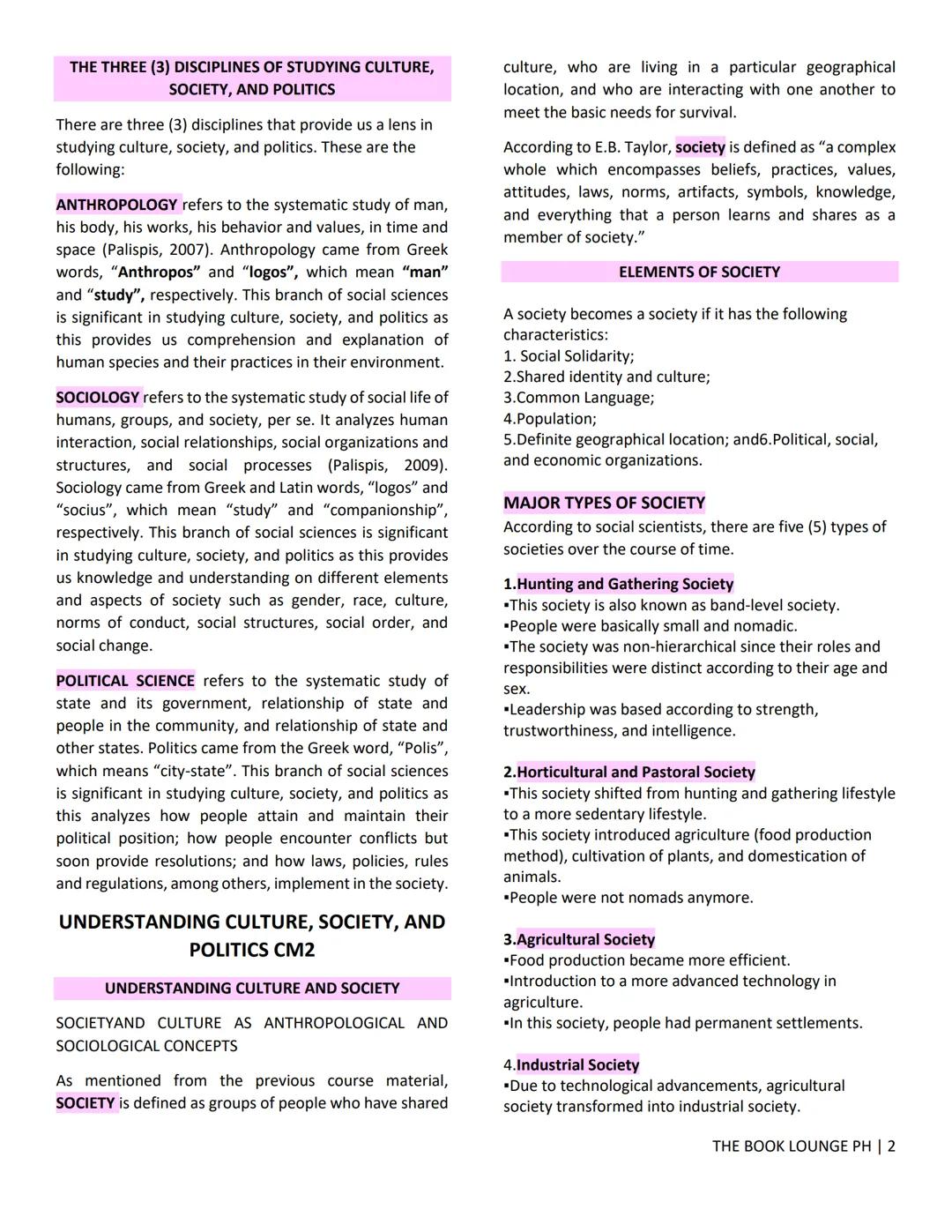 ## GRADE 12 STEM NOTES AND LECTURES
# Understanding Culture, Society and Politics
โ THE BOOK LOUNGE PH โ
# UNDERSTANDING CULTURE, SOCIETY