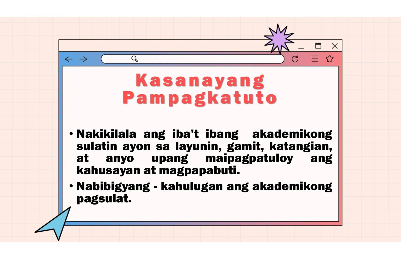 # Ang Akademing Pagsulat
ARALIN 2 Kasanayang
Pampagkatuto
• Nakikilala ang iba't ibang akademikong
sulatin ayon sa layunin, gamit, katangia