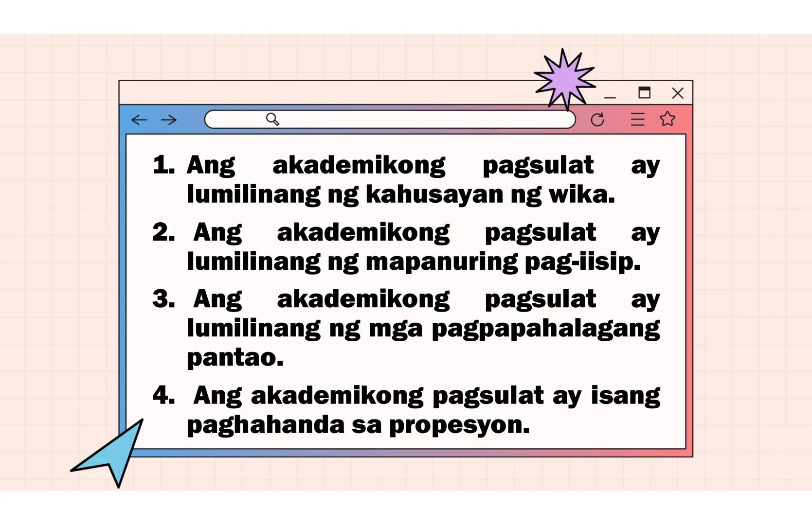 # Ang Akademing Pagsulat
ARALIN 2 Kasanayang
Pampagkatuto
• Nakikilala ang iba't ibang akademikong
sulatin ayon sa layunin, gamit, katangia