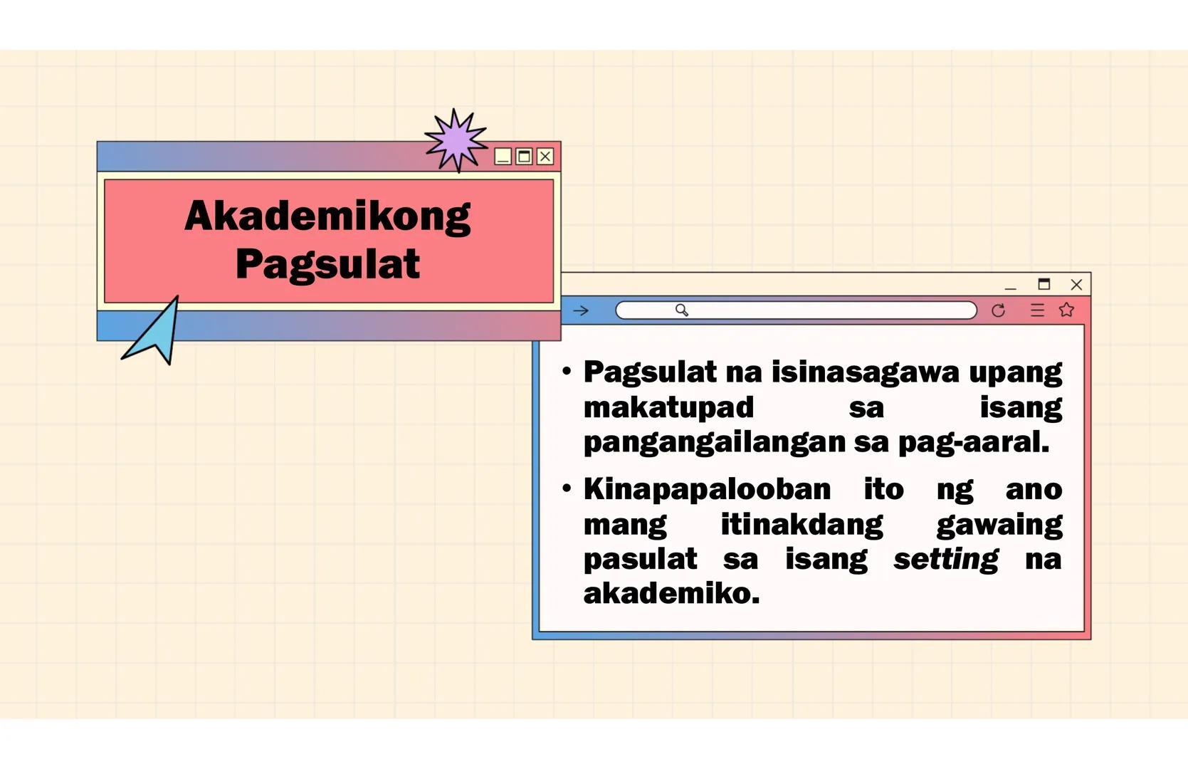 # Ang Akademing Pagsulat
ARALIN 2 Kasanayang
Pampagkatuto
• Nakikilala ang iba't ibang akademikong
sulatin ayon sa layunin, gamit, katangia
