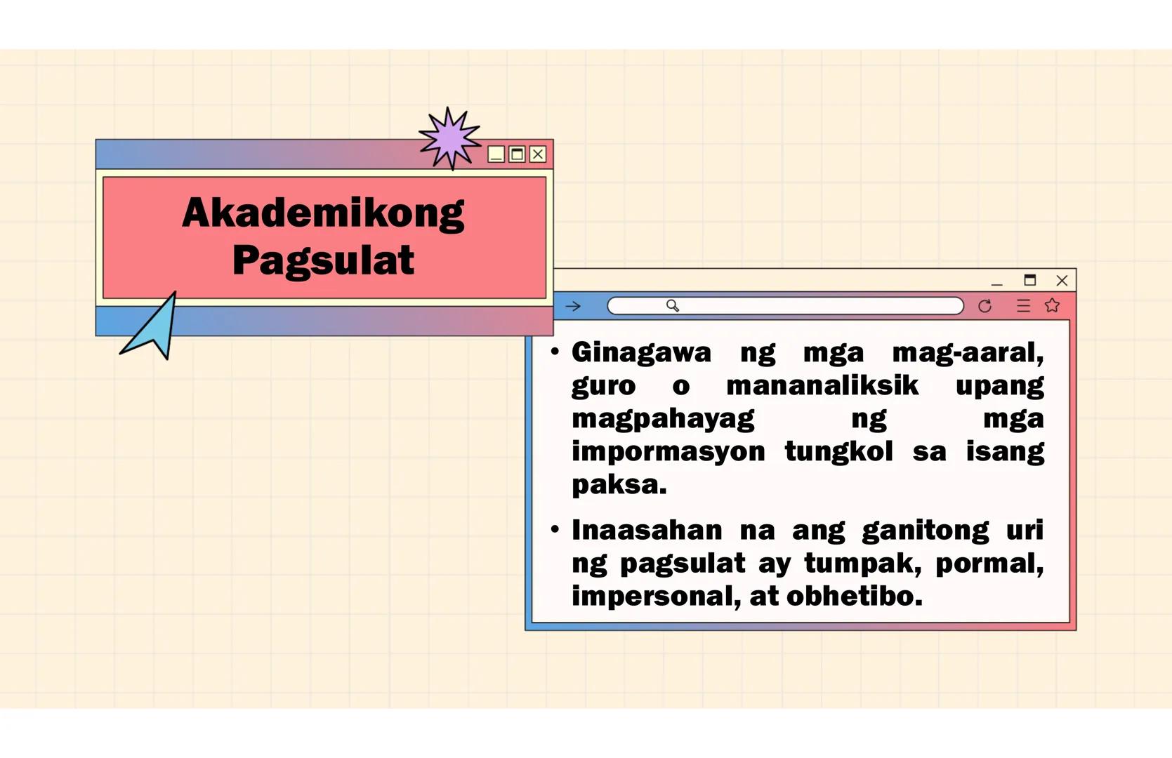 # Ang Akademing Pagsulat
ARALIN 2 Kasanayang
Pampagkatuto
• Nakikilala ang iba't ibang akademikong
sulatin ayon sa layunin, gamit, katangia
