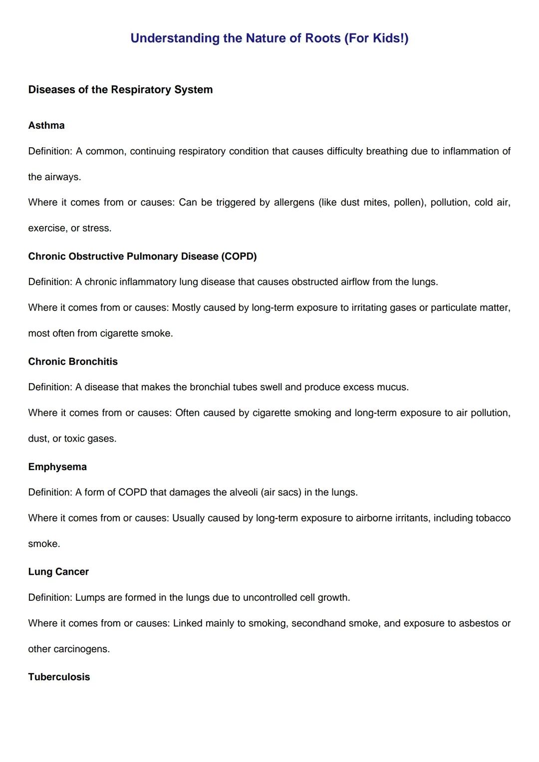 Understanding the Nature of Roots (For Kids!)
Diseases of the Respiratory System
Asthma
Definition: A common, continuing respiratory conditi
