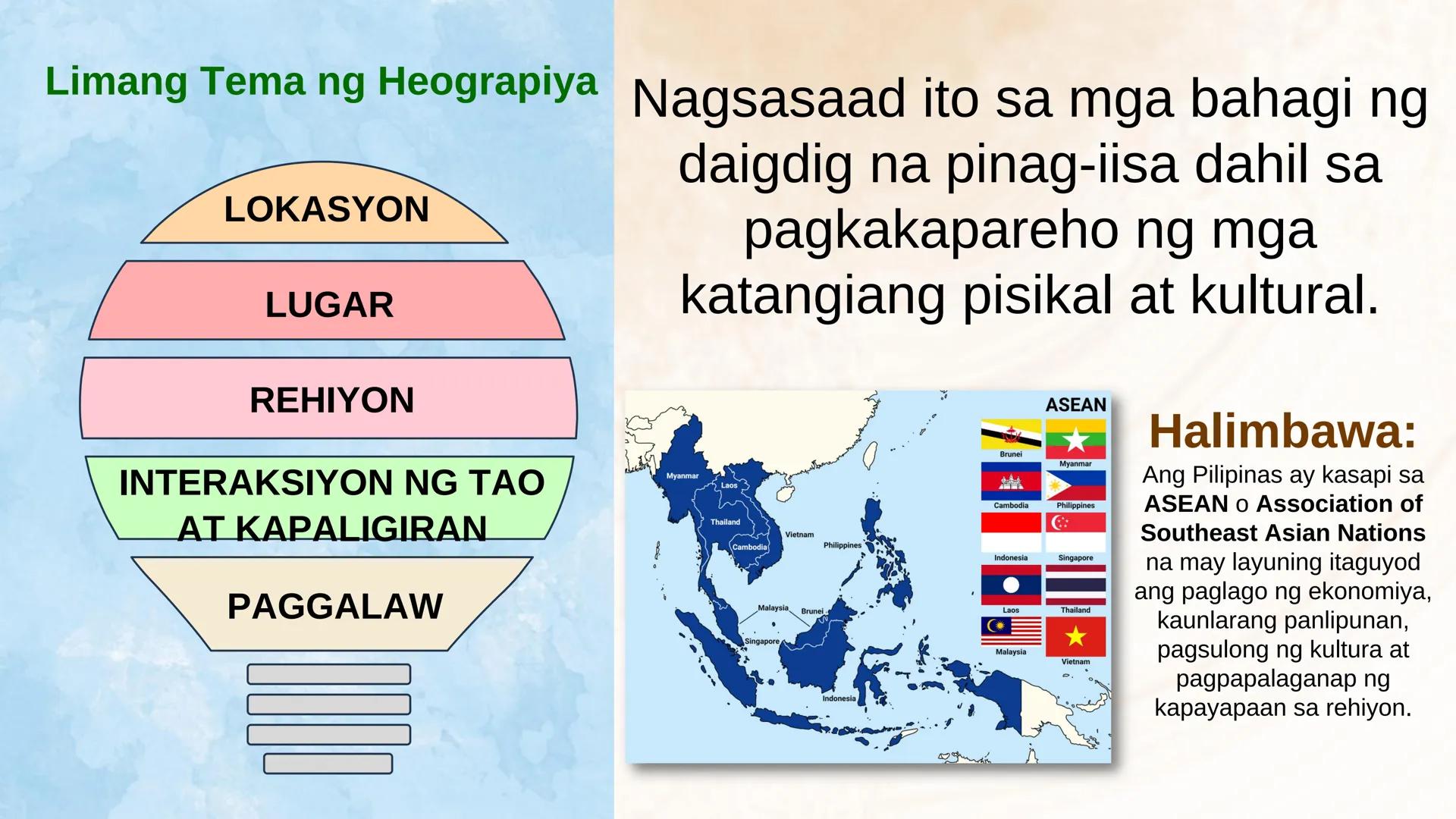 N
N
DepED
N
MATATAG
BAGONG PILIPINAS
3
HEOGRAPIYA NG ASYA AT DAIGDIG
Limang Tema
NG HEOGRAPIYA
ARALING PANLIPUNAN 8
QUARTER 1 - WEEK 1
Ikaap