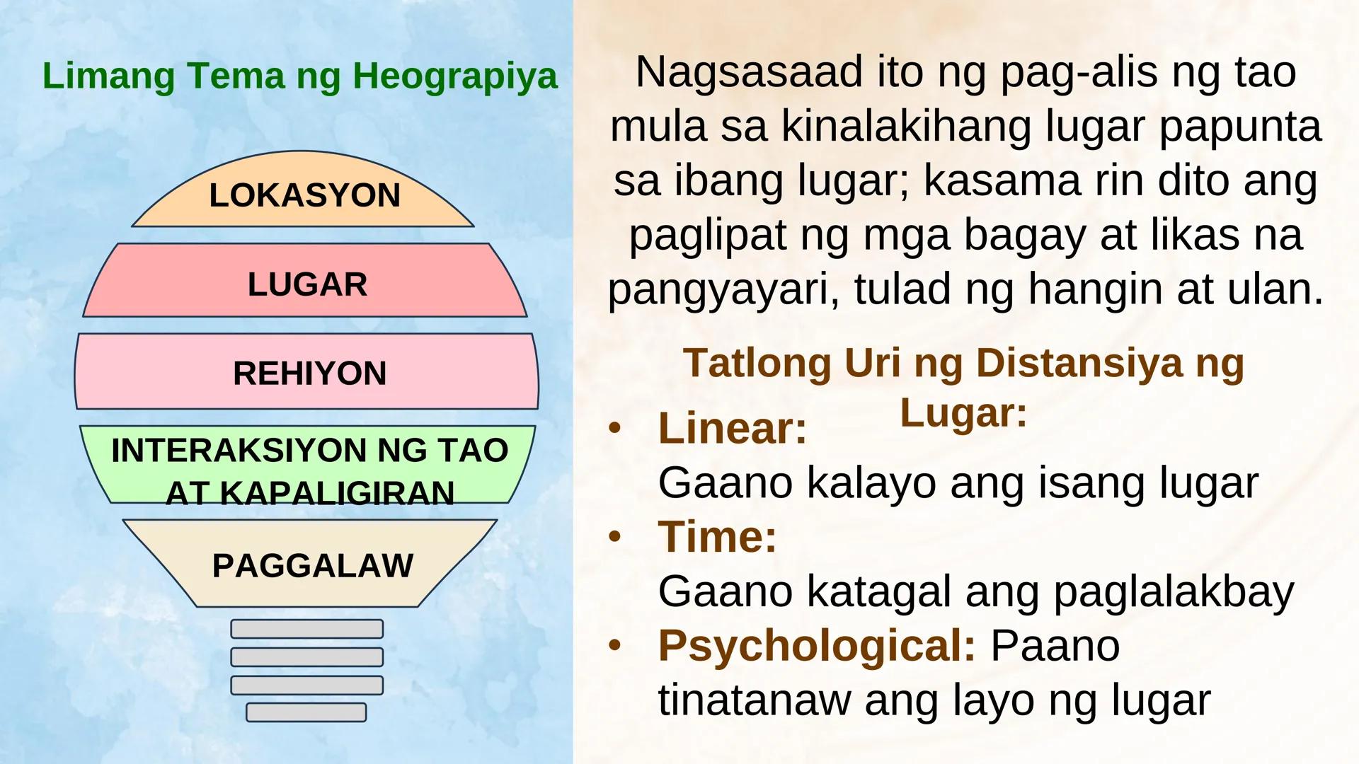 N
N
DepED
N
MATATAG
BAGONG PILIPINAS
3
HEOGRAPIYA NG ASYA AT DAIGDIG
Limang Tema
NG HEOGRAPIYA
ARALING PANLIPUNAN 8
QUARTER 1 - WEEK 1
Ikaap