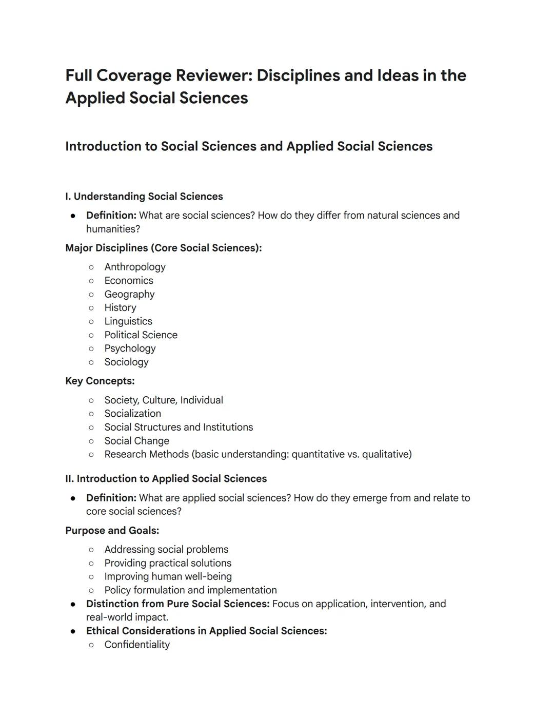 Full Coverage Reviewer: Disciplines and Ideas in the
Applied Social Sciences
Introduction to Social Sciences and Applied Social Sciences
I.