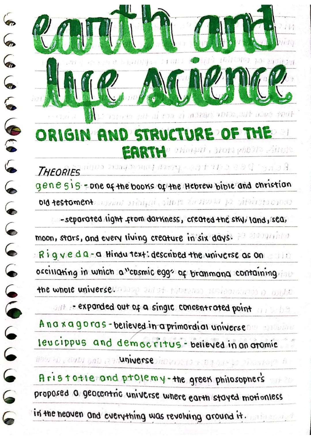 # earth and life science
ORIGIN AND STRUCTURE OF THE EARTH
THEORIES
genesisi - one of the books of the Hebrew bible and christian old test