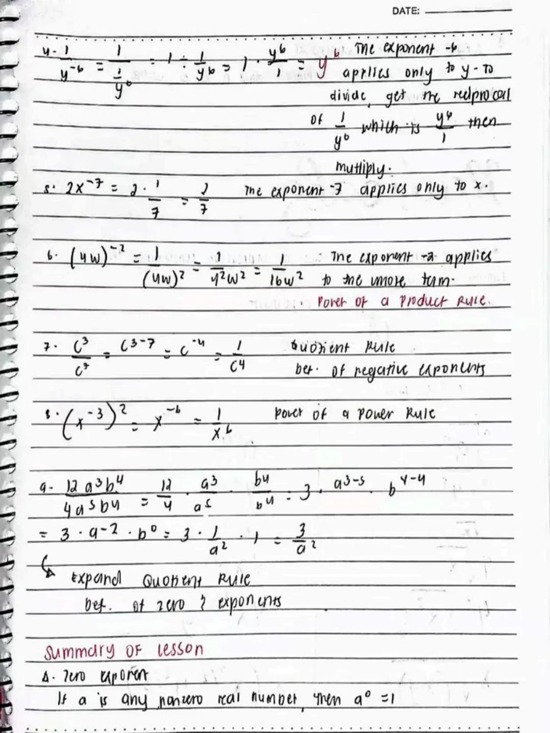lecture notes in
MATH 9
3rd
QTR
Spring Einf
413
Spring Leaf
DO NOT RE-UPLOAD | @jona.notes --- OCR Start ---
DATE:
Laws of Exponents
If a an
