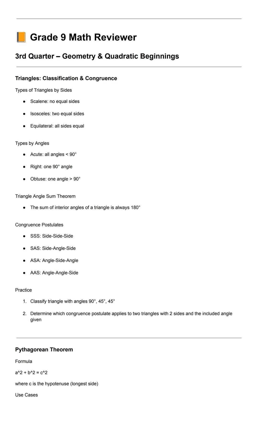 Grade 9 Math Reviewer
3rd Quarter - Geometry & Quadratic Beginnings
Triangles: Classification & Congruence
Types of Triangles by Sides
- Sca