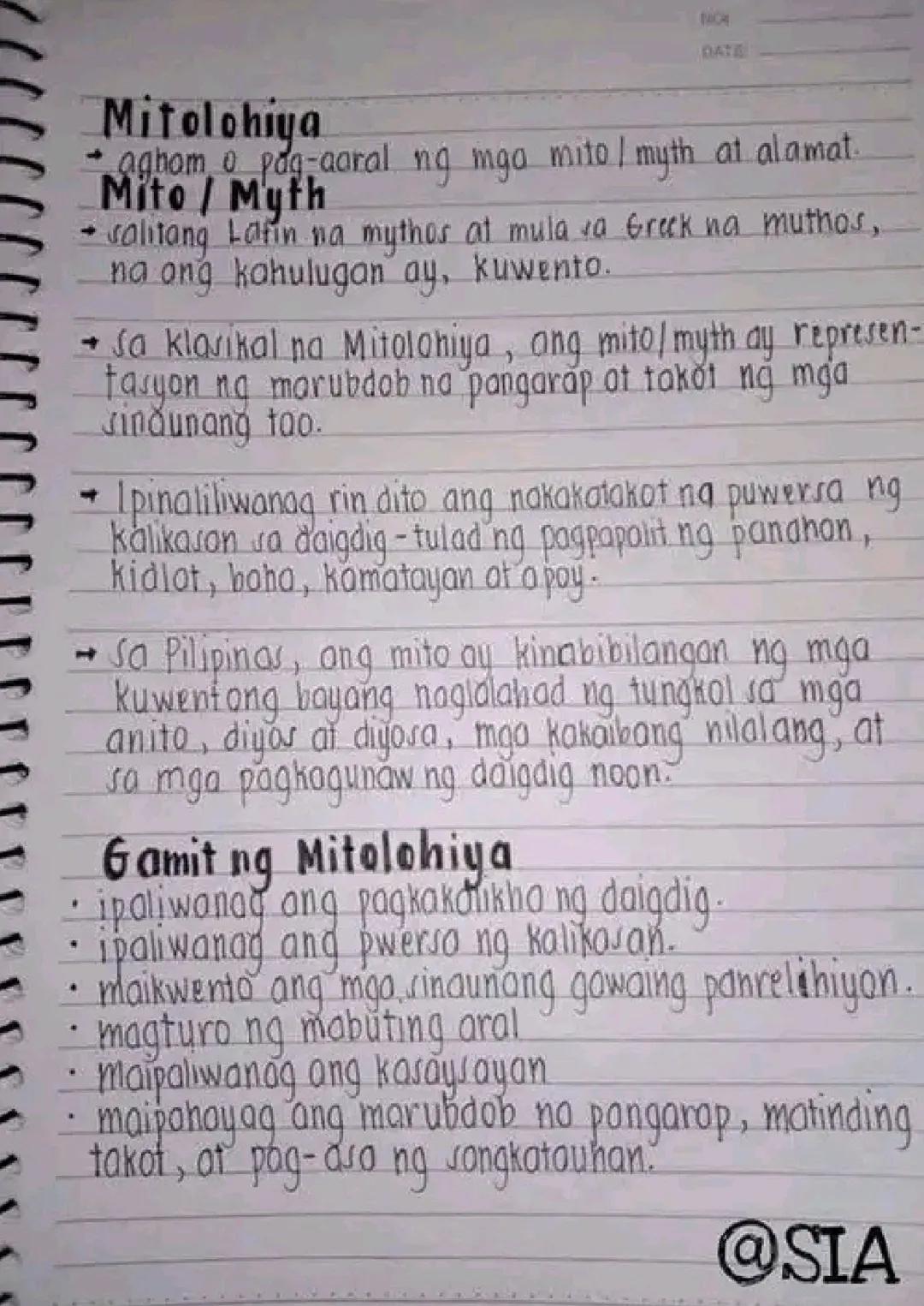 ## Mitolohiya
- agham o pag-aaral ng mga mito / myth at alamat.
## Mito / Myth
- salitang Latin na mythos at mula sa Greek na muthos,
na an
