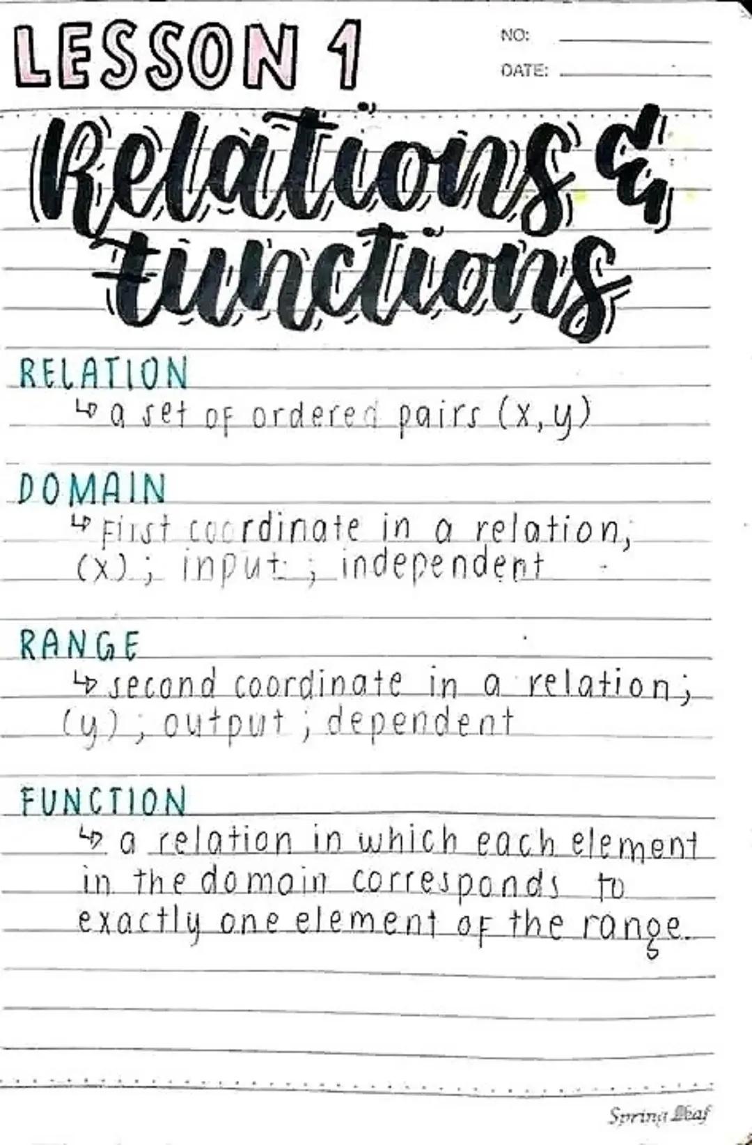 LESSON 1
NO:
DATE:
Relations &
Functions
RELATION
↔ a set of ordered pairs (x, y)
DOMAIN
↔ First coordinate in a relation,
(x); input; indep