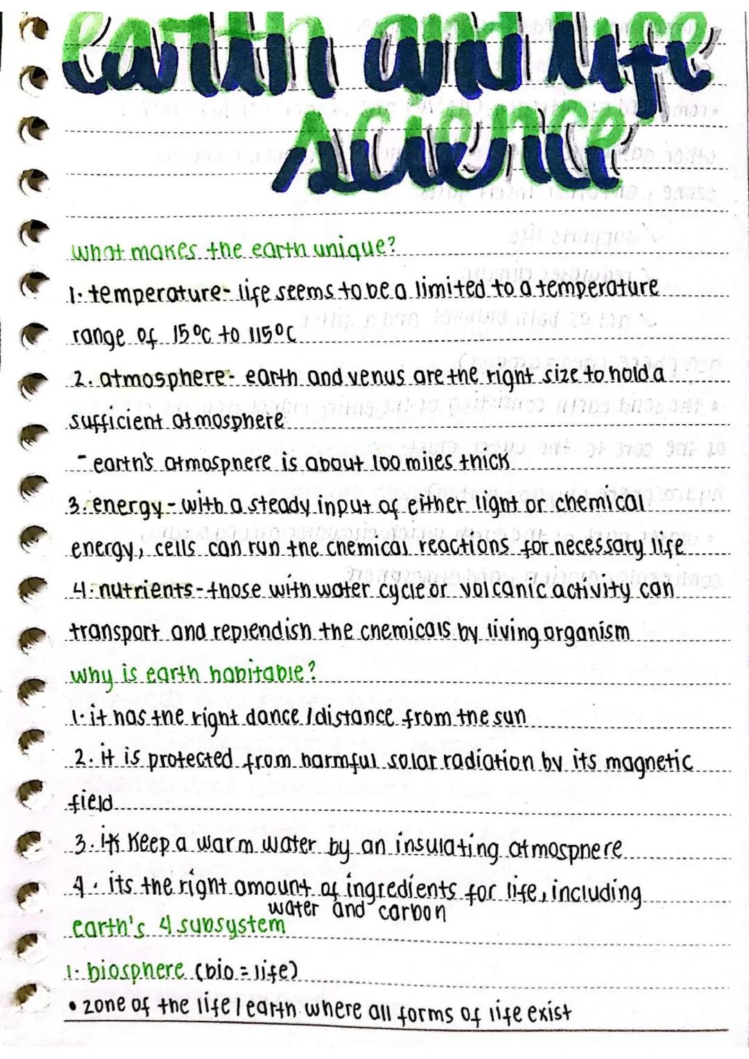 --- OCR Start ---
earth and life
science
what makes the earth unique?
1. temperature-life seems to be a limited to a temperature
range of 15