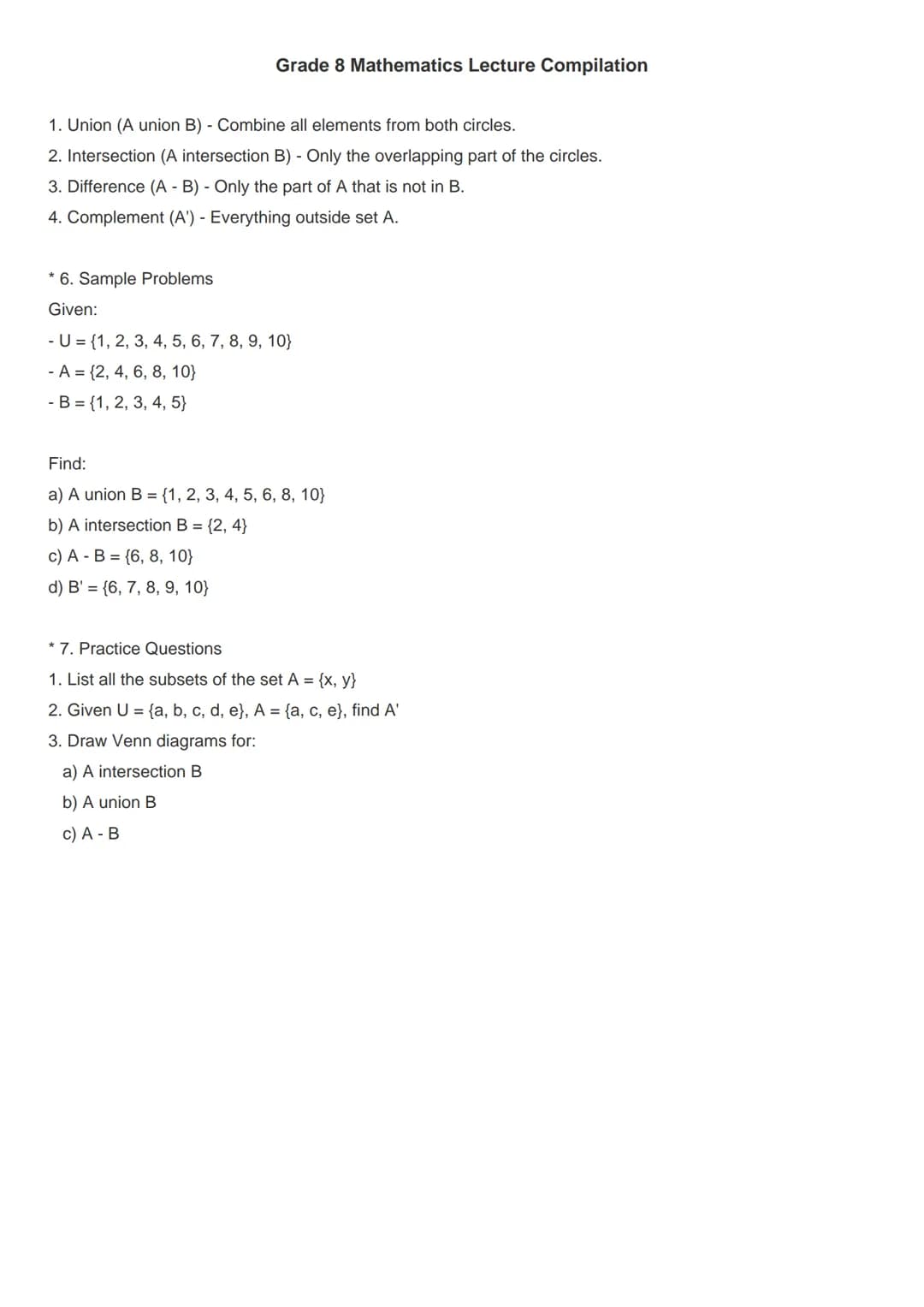 Grade 8 Mathematics Lecture Compilation
Topic 1: Sets and Venn Diagrams
* 1. Definition of a Set
A set is a well-defined collection of disti