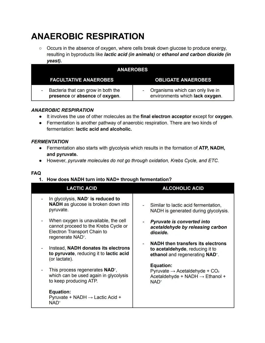 COVERAGE
1. Anaerobic Respiration
a. Lactic Acid Fermentation
b. Alcoholic Fermentation
2. Glycolysis & Transition Period
a. Enumerate proce