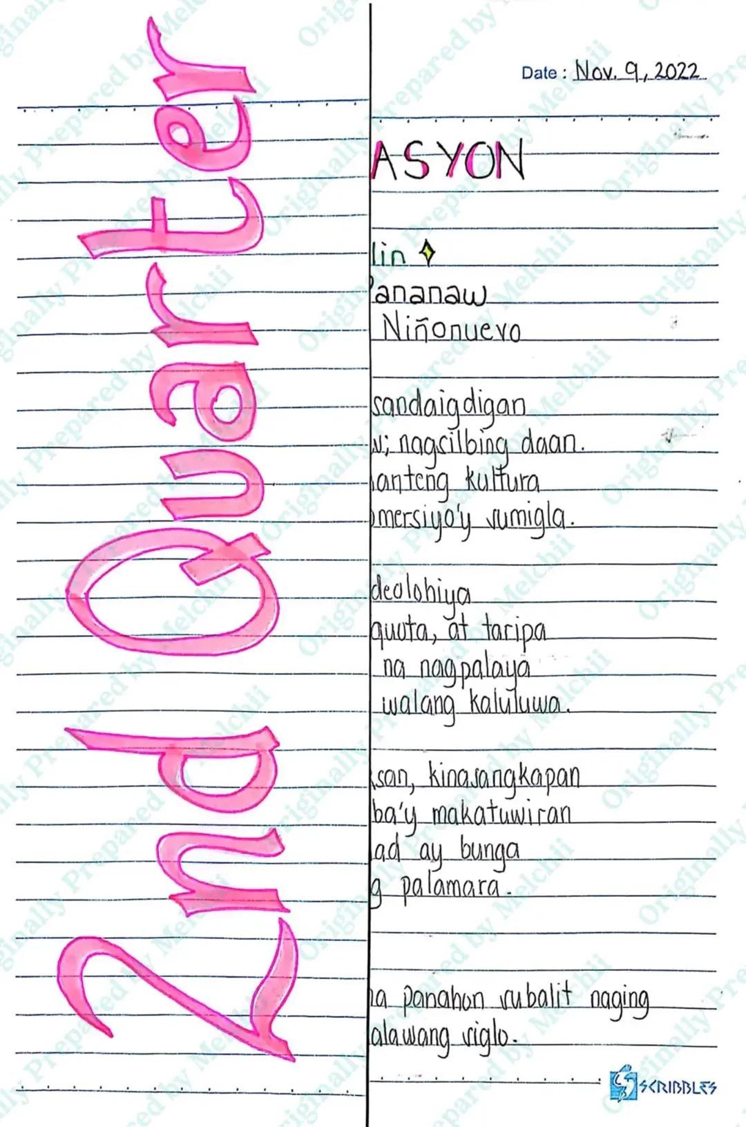 2nd Quarter
ASYON
Lin
Date: Nov. 9, 2022.
ananaw
Niñonuevo
sandaigdigan
w; nagsilbing daan.
Janteng kultura
mersiyo'y vumigla.
dealohiya
quu