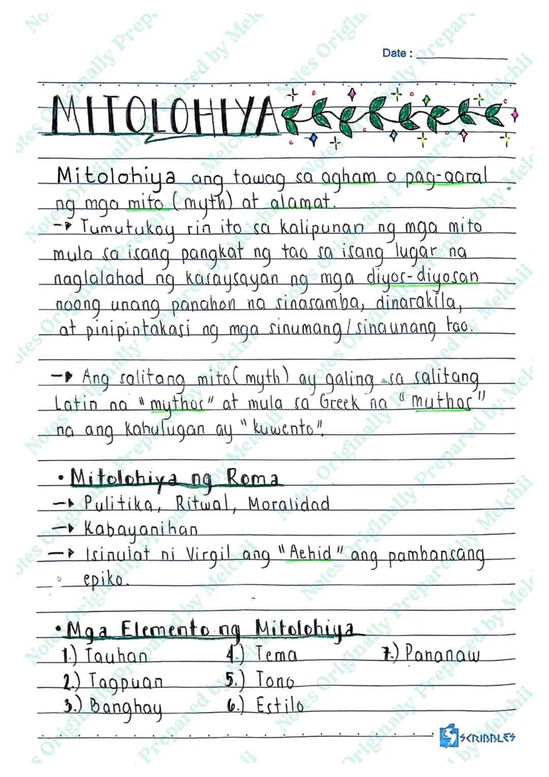 --- OCR Start ---
MITOLOHIYA
+Mitolohiya ang tawag sa agham o pag-aaral
ng mga mito (myth) at alamat.
-Tumutukoy rin ito sa kalipunan ng m