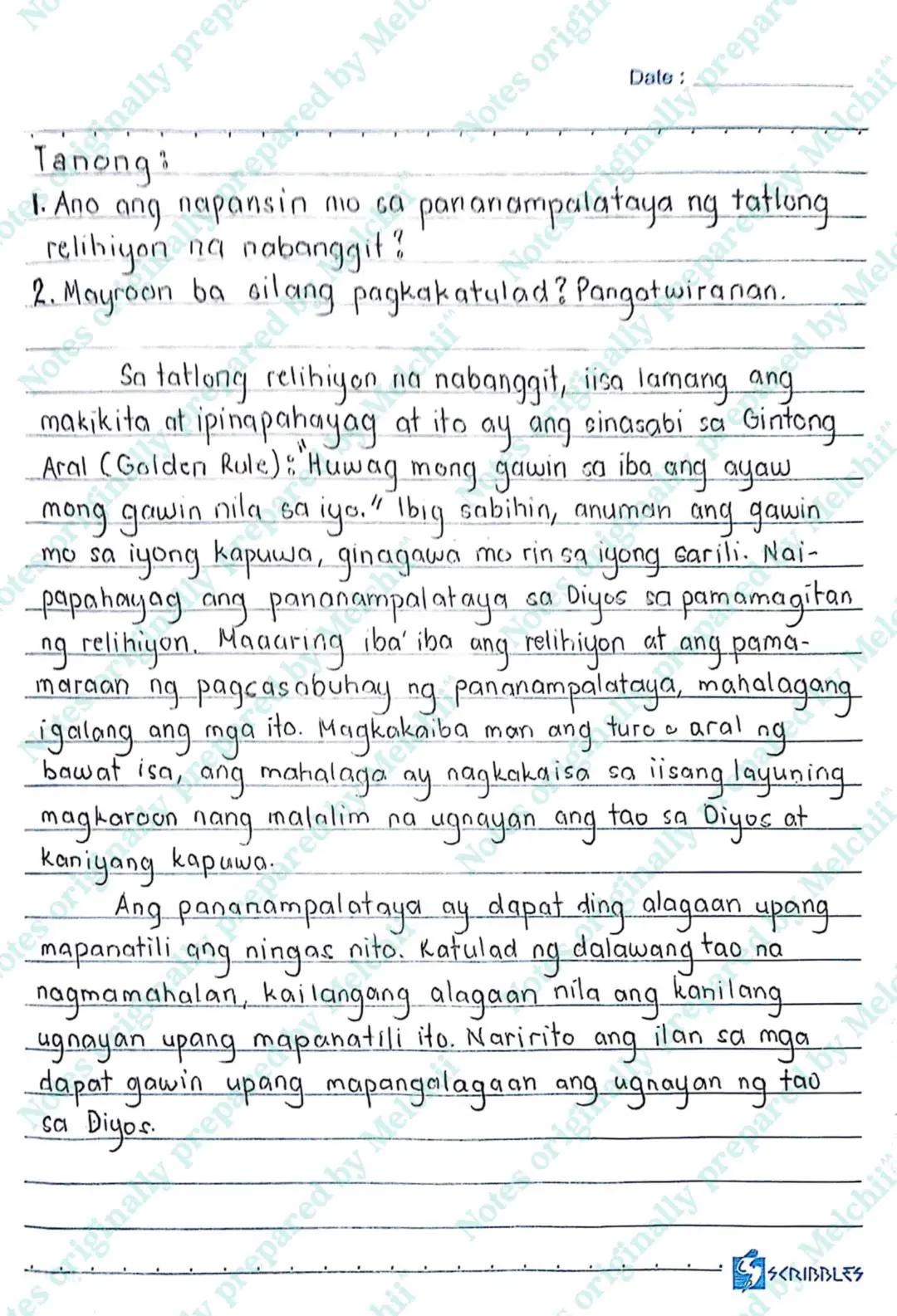 N
es originally prepared by Mel
Notes originally prepared by Melch
IKATLONG
MARKAHAN
Date:
prepared by Melch
at
+
Impalataya
yan sa Diyos at
