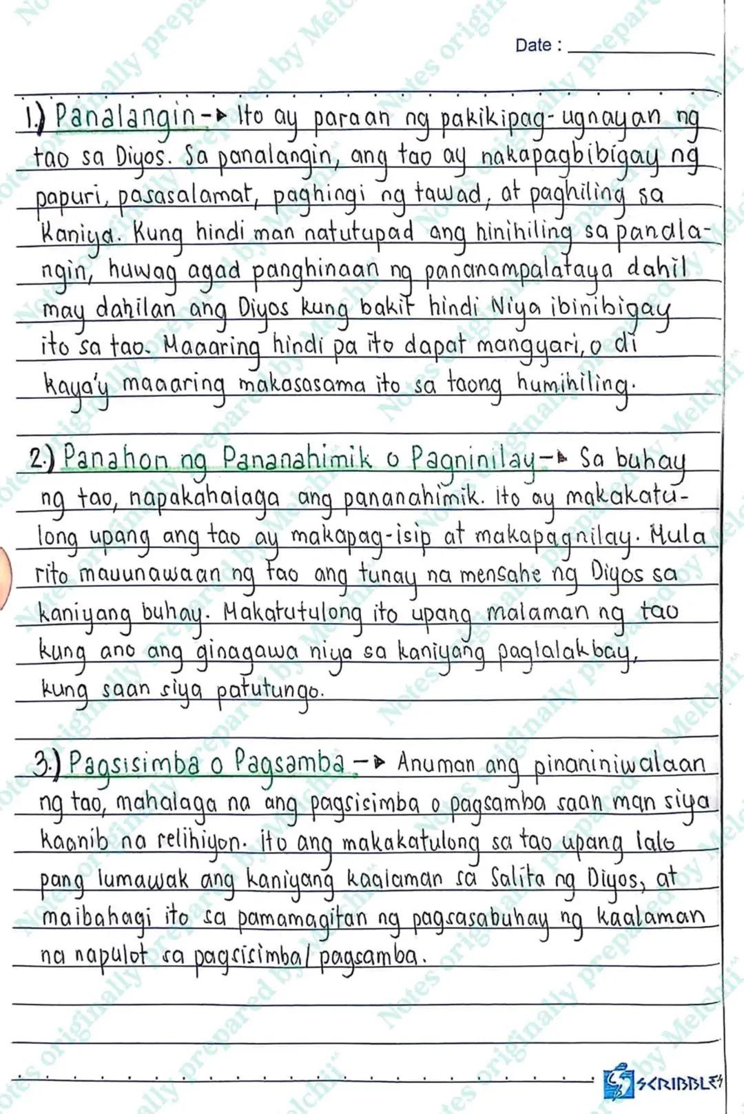 N
es originally prepared by Mel
Notes originally prepared by Melch
IKATLONG
MARKAHAN
Date:
prepared by Melch
at
+
Impalataya
yan sa Diyos at