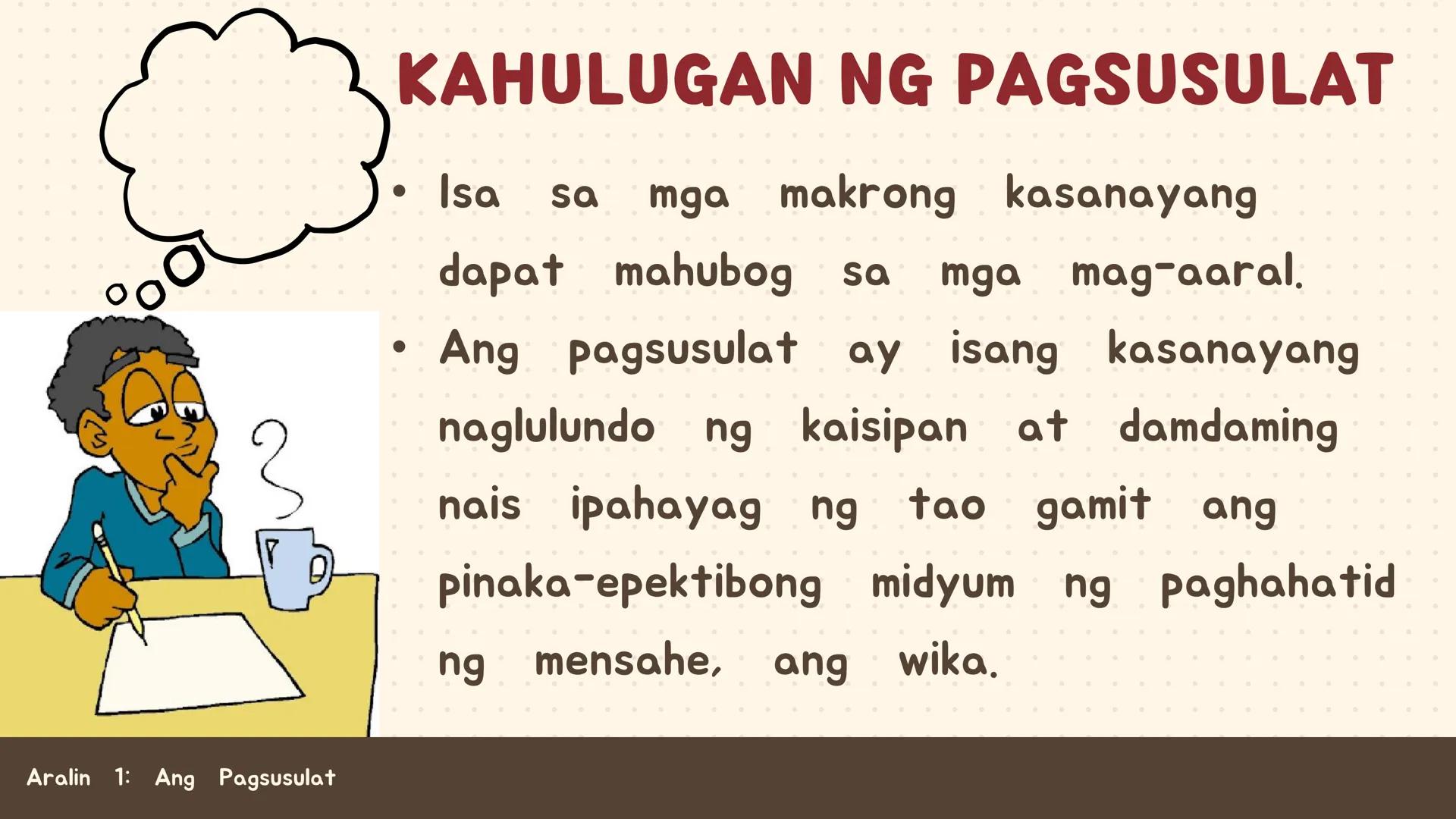 # FILIPINO SA PILING LARANG
# ANG
# PAGSUSULAT
ARALIN 1: 01
MGA LAYUNIN:
Nakapamumuno at nakikibahagi sa mga
gawain tungo sa pagsusulong n