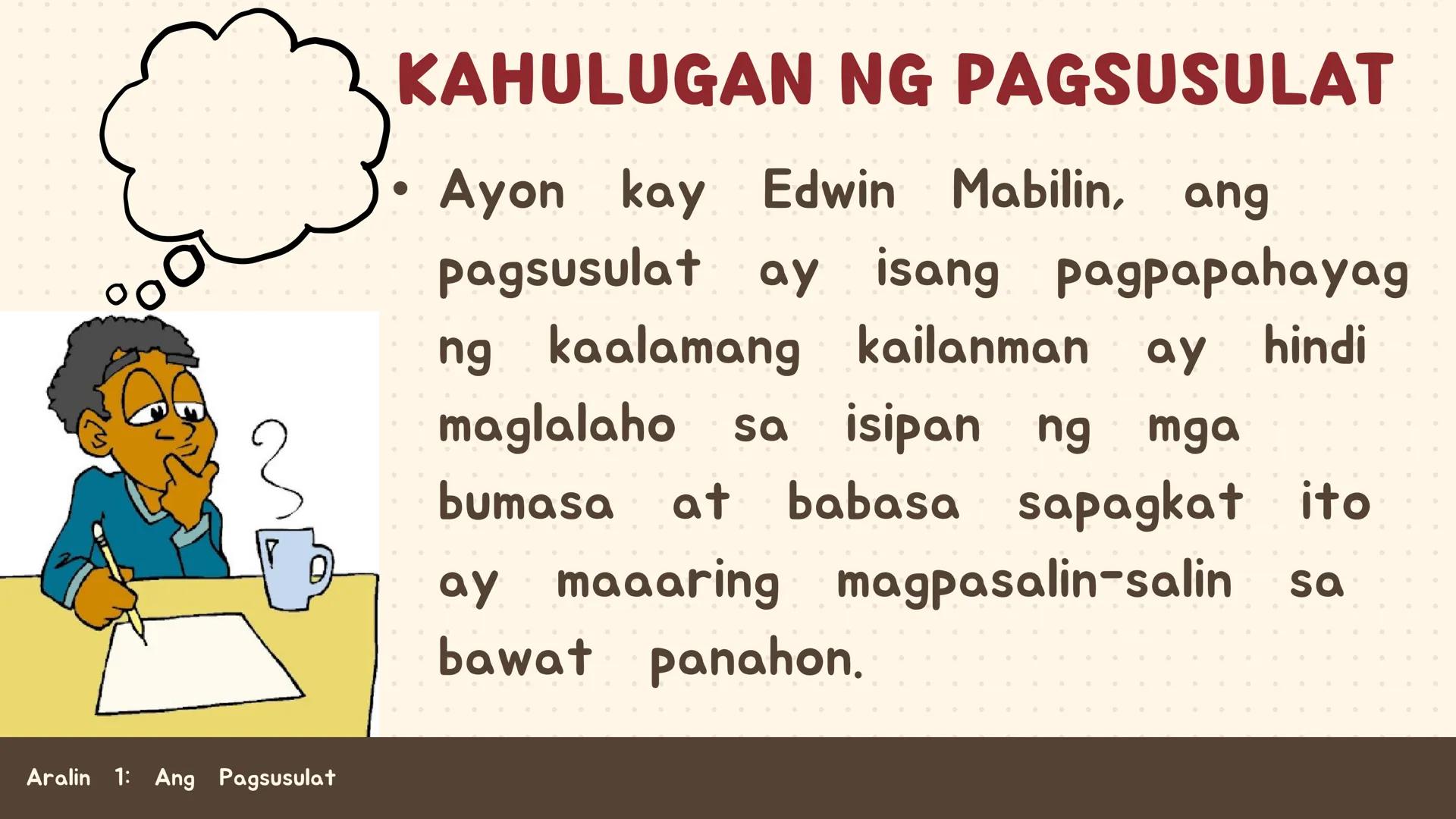 # FILIPINO SA PILING LARANG
# ANG
# PAGSUSULAT
ARALIN 1: 01
MGA LAYUNIN:
Nakapamumuno at nakikibahagi sa mga
gawain tungo sa pagsusulong n