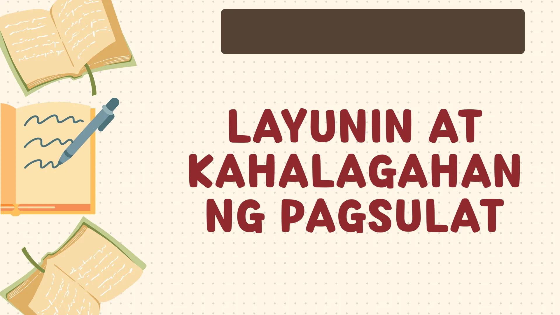 # FILIPINO SA PILING LARANG
# ANG
# PAGSUSULAT
ARALIN 1: 01
MGA LAYUNIN:
Nakapamumuno at nakikibahagi sa mga
gawain tungo sa pagsusulong n