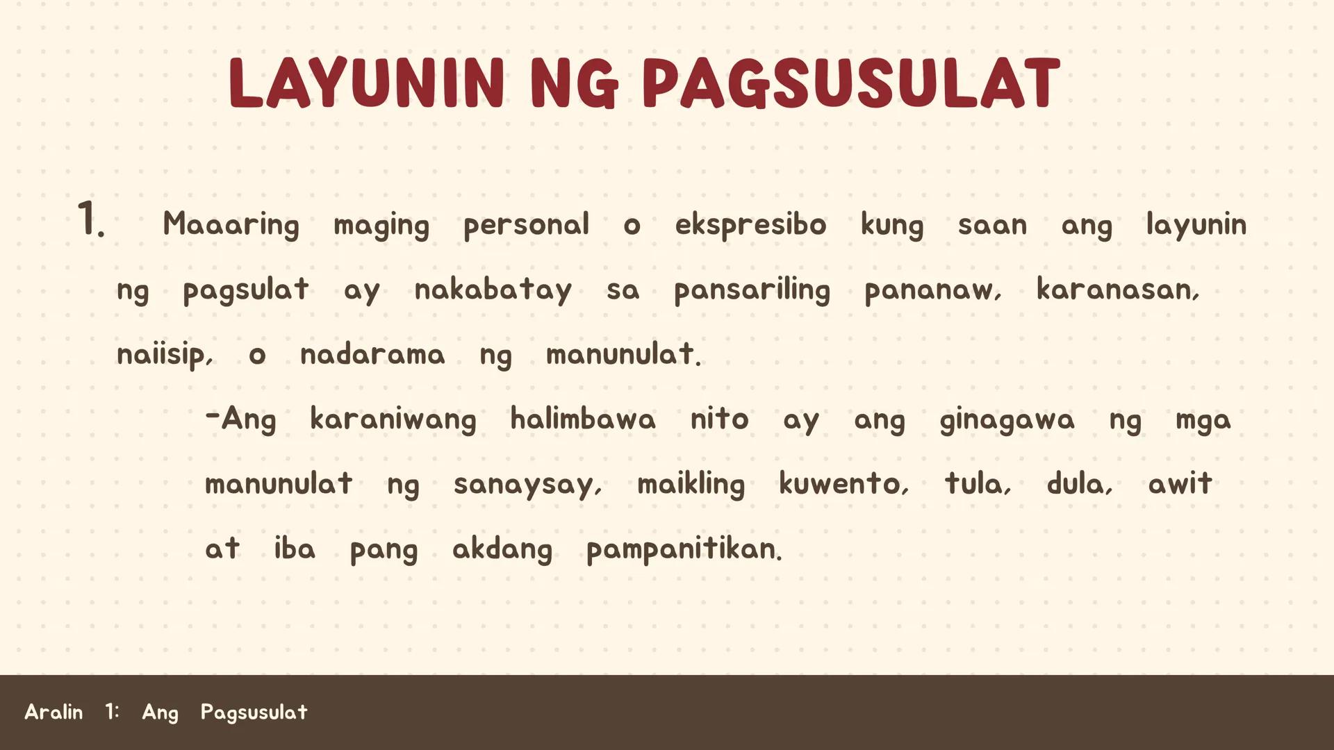 # FILIPINO SA PILING LARANG
# ANG
# PAGSUSULAT
ARALIN 1: 01
MGA LAYUNIN:
Nakapamumuno at nakikibahagi sa mga
gawain tungo sa pagsusulong n