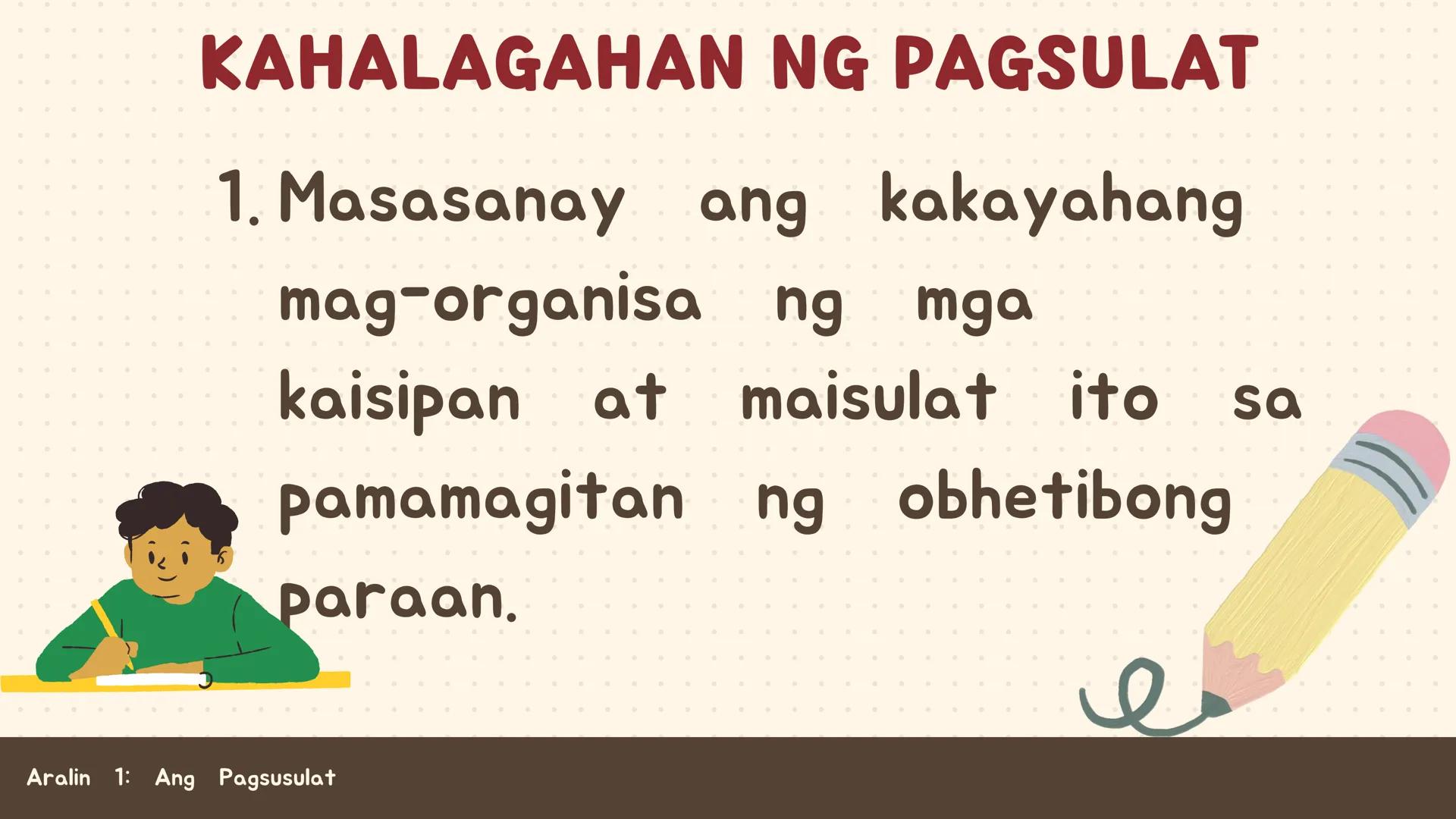 # FILIPINO SA PILING LARANG
# ANG
# PAGSUSULAT
ARALIN 1: 01
MGA LAYUNIN:
Nakapamumuno at nakikibahagi sa mga
gawain tungo sa pagsusulong n