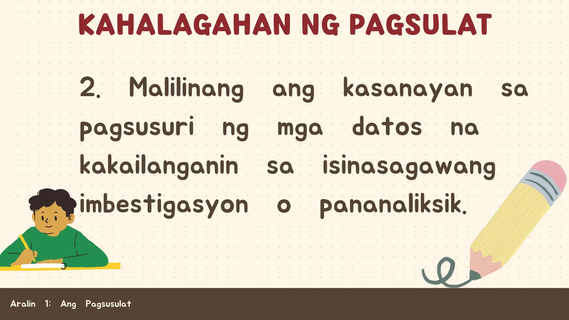 # FILIPINO SA PILING LARANG
# ANG
# PAGSUSULAT
ARALIN 1: 01
MGA LAYUNIN:
Nakapamumuno at nakikibahagi sa mga
gawain tungo sa pagsusulong n