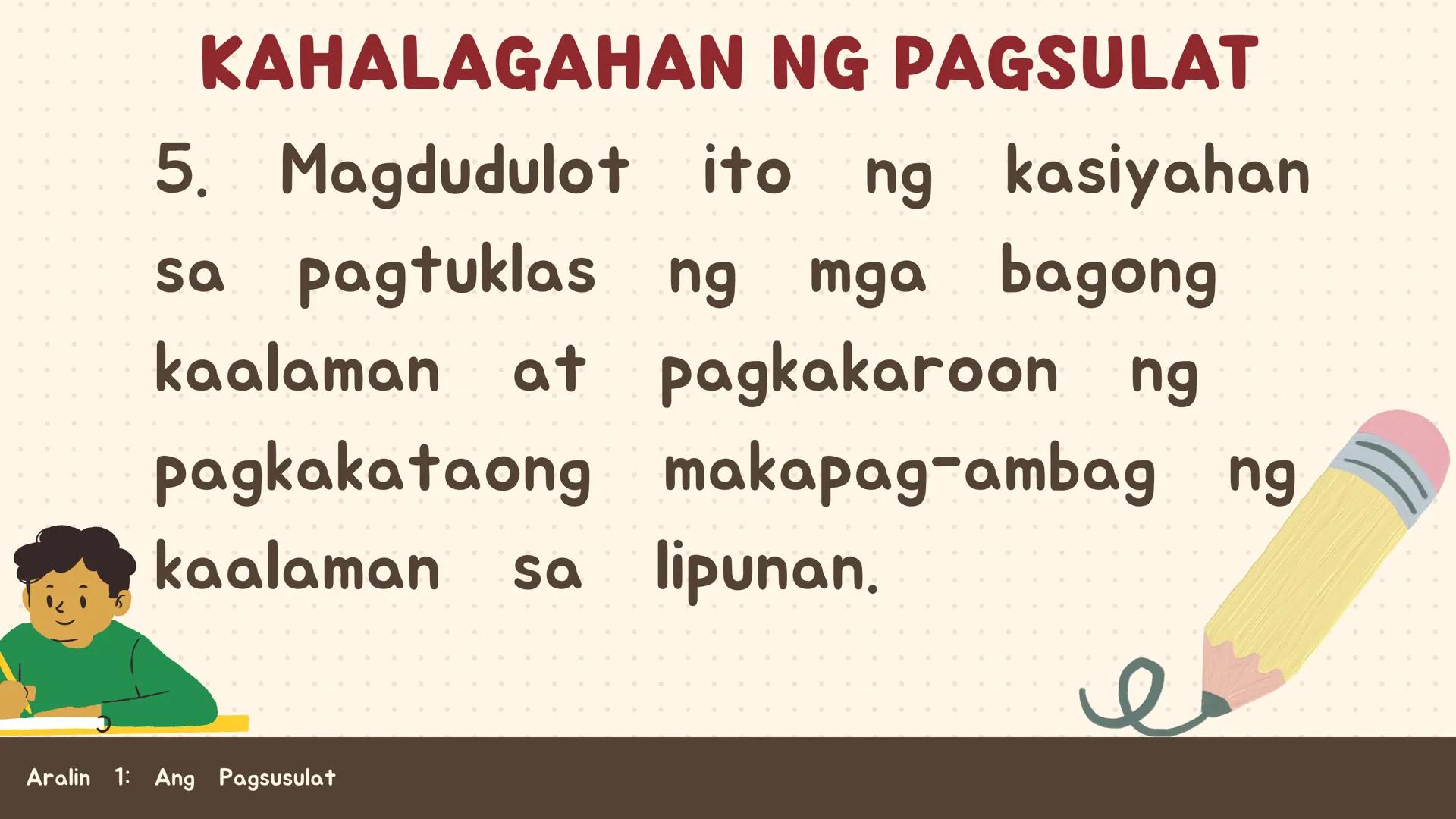 # FILIPINO SA PILING LARANG
# ANG
# PAGSUSULAT
ARALIN 1: 01
MGA LAYUNIN:
Nakapamumuno at nakikibahagi sa mga
gawain tungo sa pagsusulong n