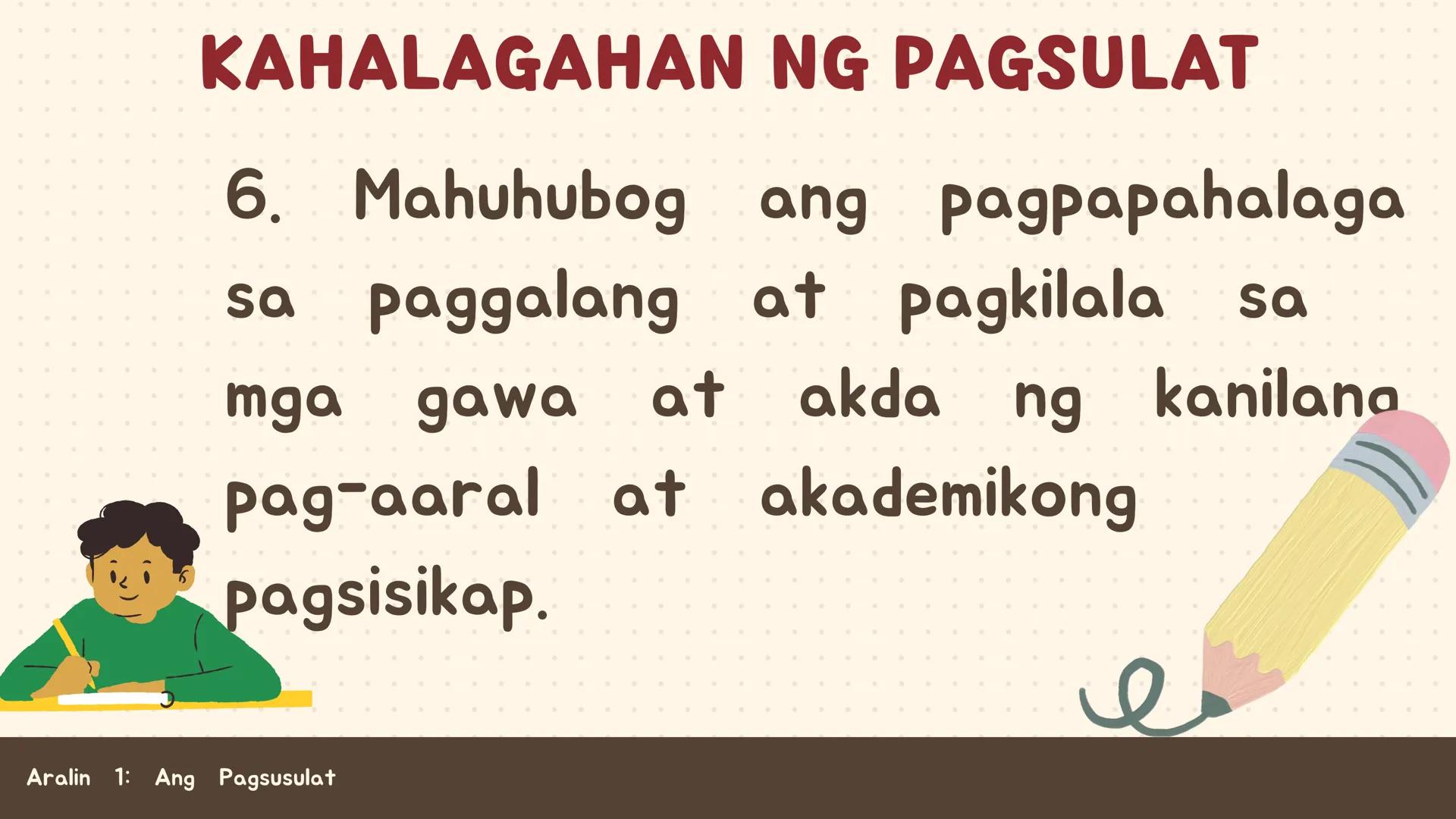 # FILIPINO SA PILING LARANG
# ANG
# PAGSUSULAT
ARALIN 1: 01
MGA LAYUNIN:
Nakapamumuno at nakikibahagi sa mga
gawain tungo sa pagsusulong n