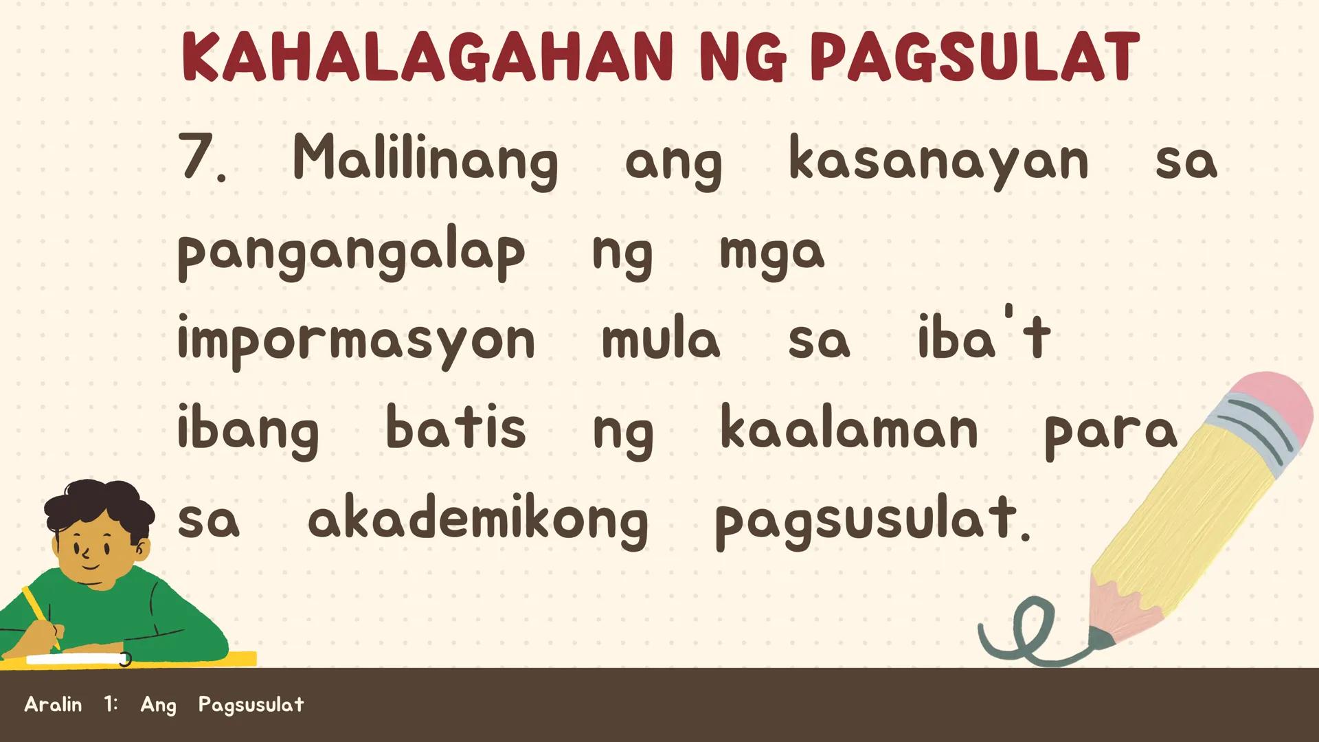 # FILIPINO SA PILING LARANG
# ANG
# PAGSUSULAT
ARALIN 1: 01
MGA LAYUNIN:
Nakapamumuno at nakikibahagi sa mga
gawain tungo sa pagsusulong n