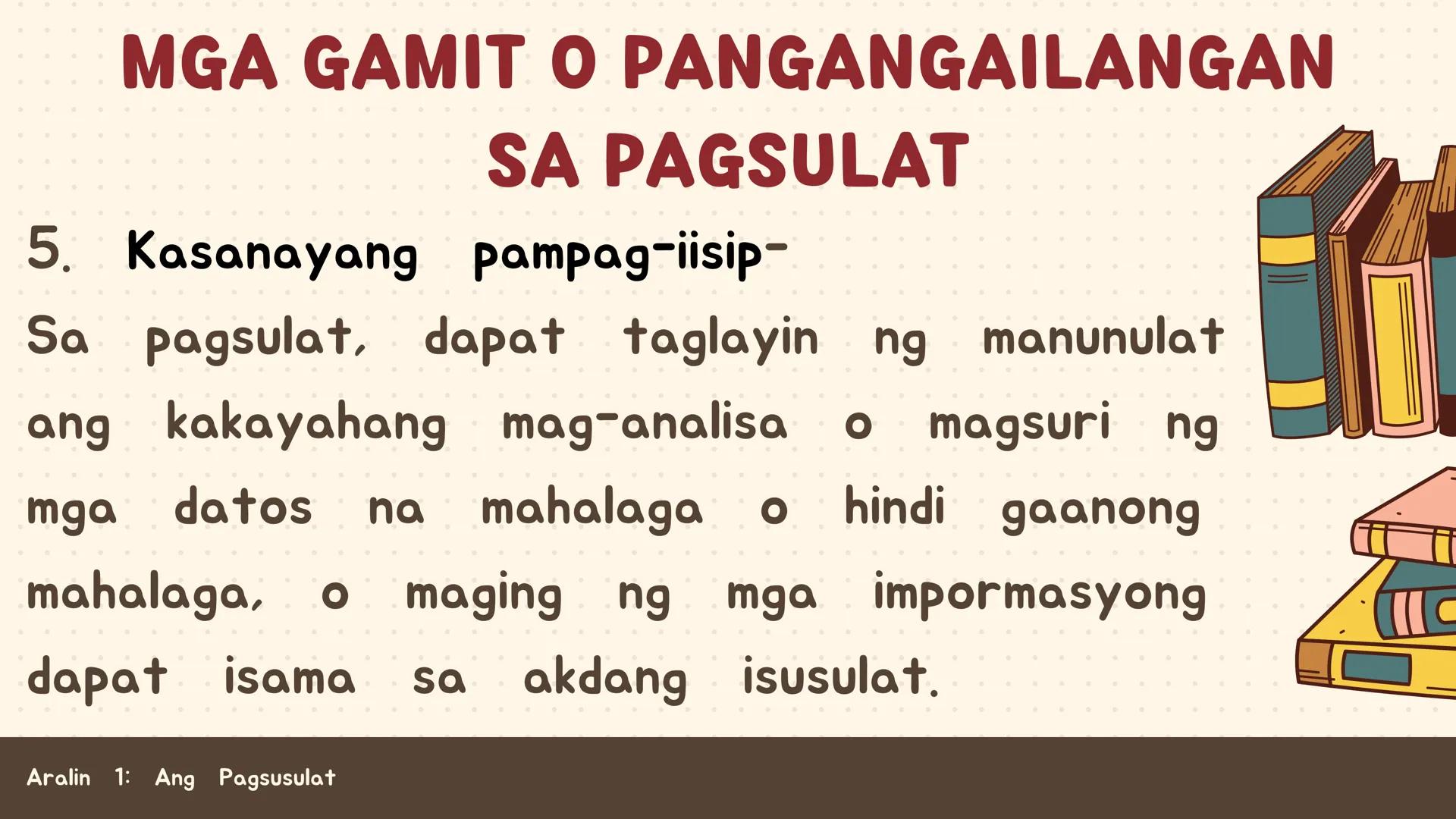 # FILIPINO SA PILING LARANG
# ANG
# PAGSUSULAT
ARALIN 1: 01
MGA LAYUNIN:
Nakapamumuno at nakikibahagi sa mga
gawain tungo sa pagsusulong n